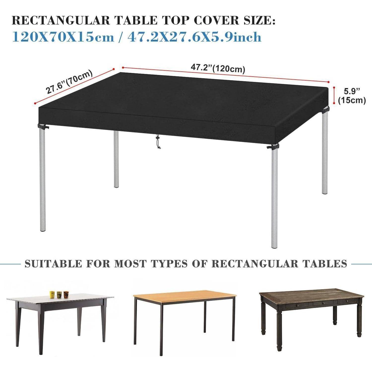 Rechteckige Tischplattenabdeckung in Schwarz, Größe 120x70x15 cm, dargestellt auf drei verschiedenen Tischtypen, um Vielseitigkeit zu demonstrieren.