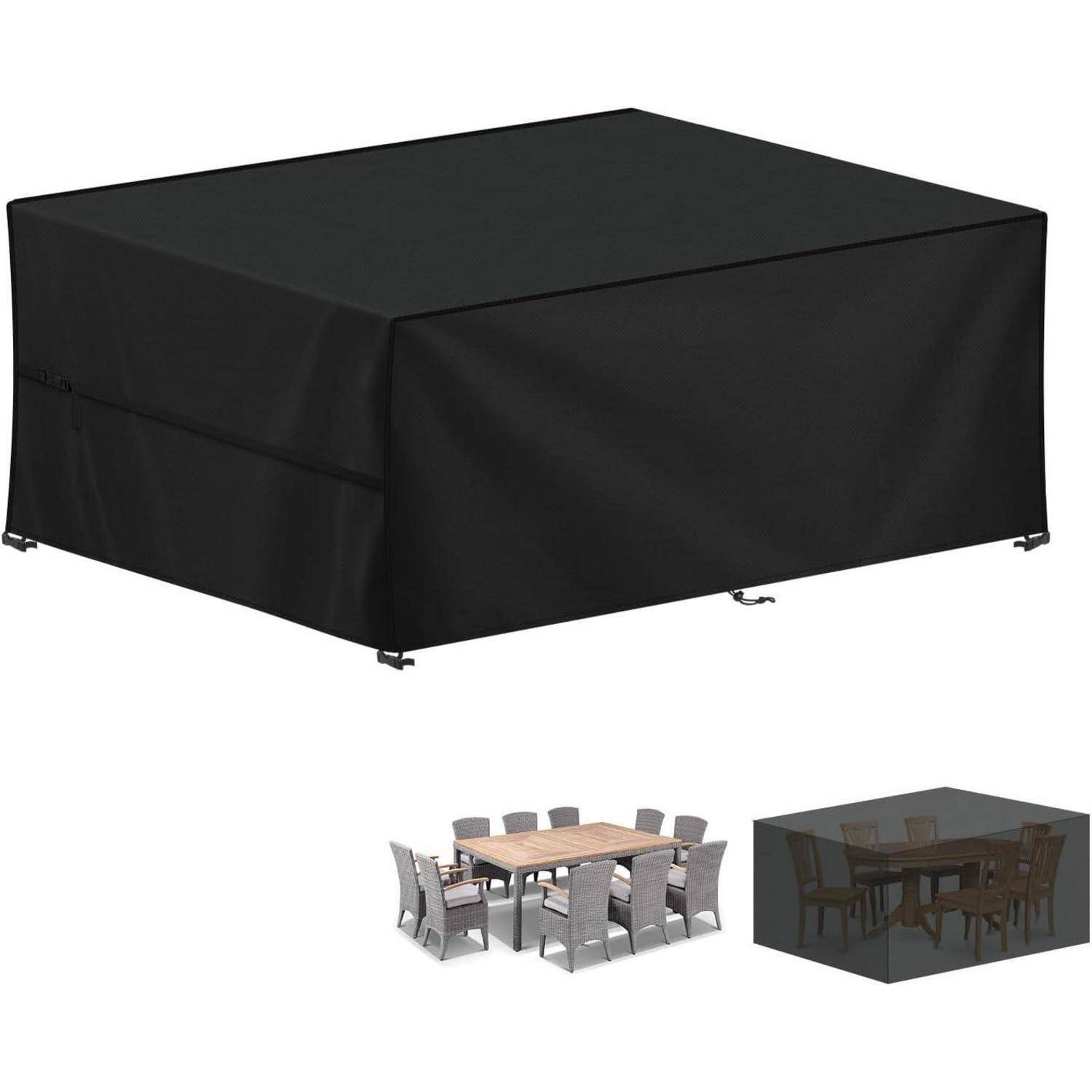 Rechteckige schwarze Abdeckung für eine große Outdoor-Essgruppe, die Möbel schützt und sowohl mit als auch ohne Abdeckung dargestellt wird.