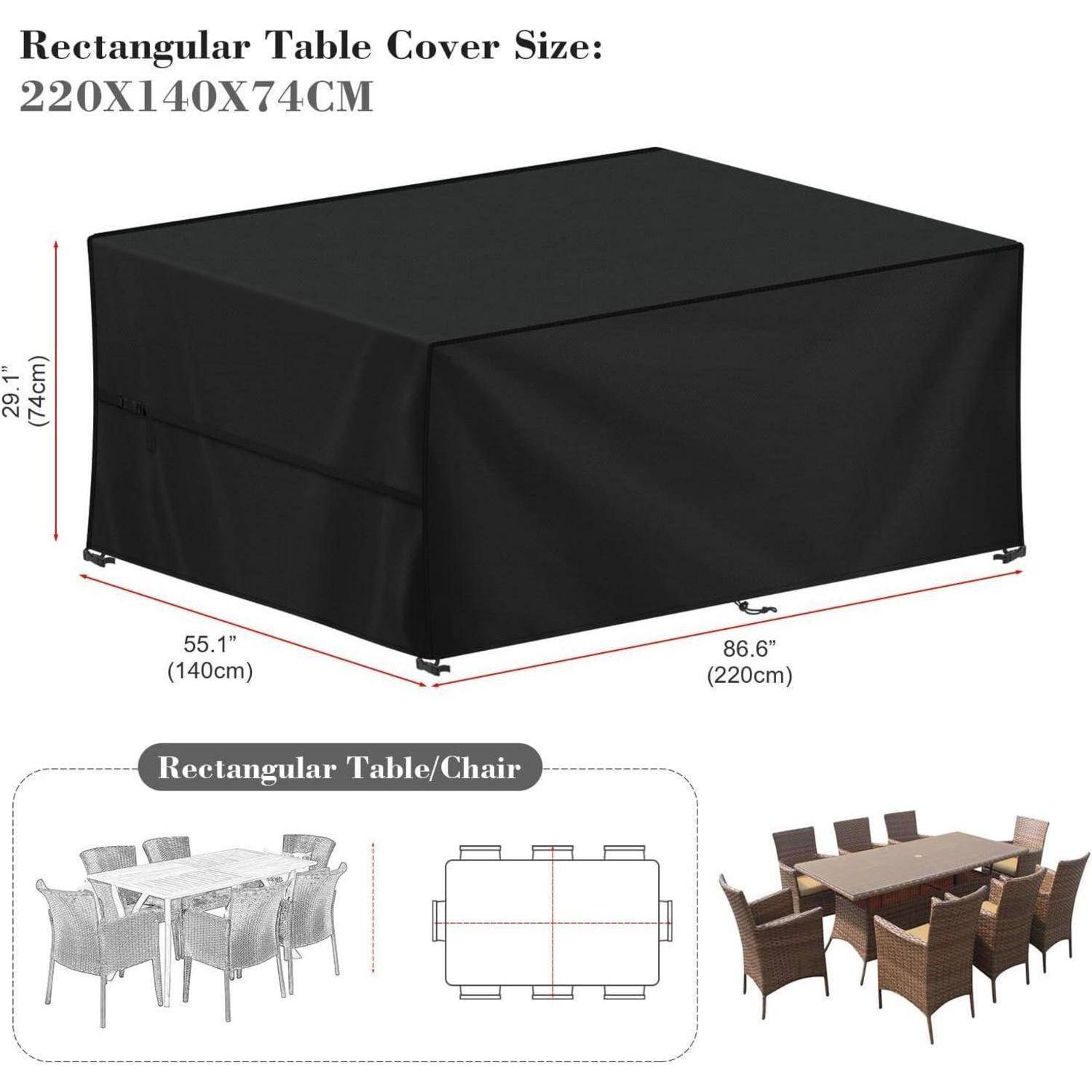 Rechteckige Tischdecke mit Maßen von 220x140x74 cm, die einen Outdoor-Essplatz abdeckt. Diagramme veranschaulichen die Anordnung von Tisch und Stühlen.