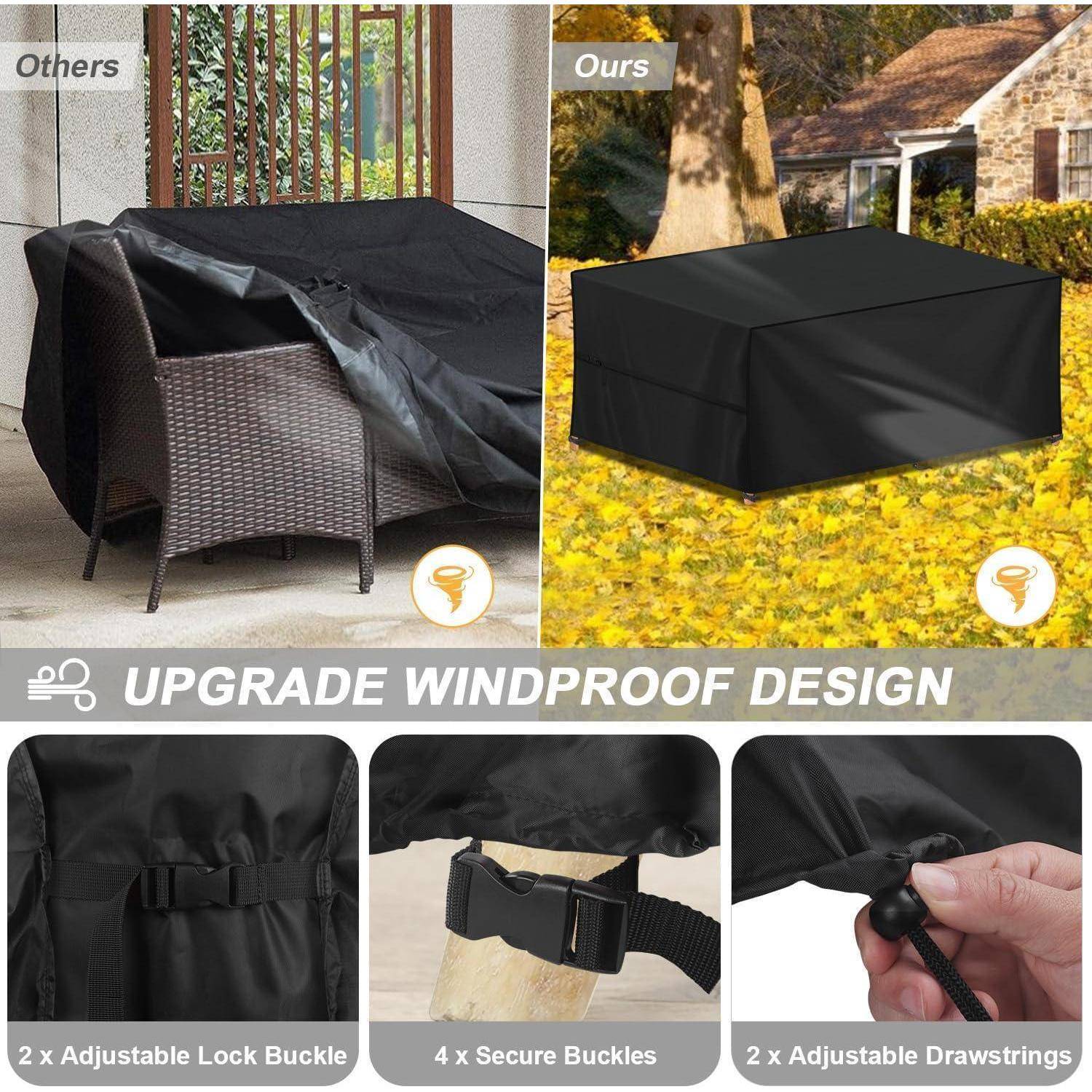 Vergleich von Gartenmöbelbezügen: 'Andere' - schlecht sitzende Abdeckung auf einem Rattanstuhl; 'Unsere' - perfekt passende Abdeckung auf einem Stuhl. Merkmale: verstellbare Verschlussspange, sichere Schnallen und einstellbare Kordelzüge.