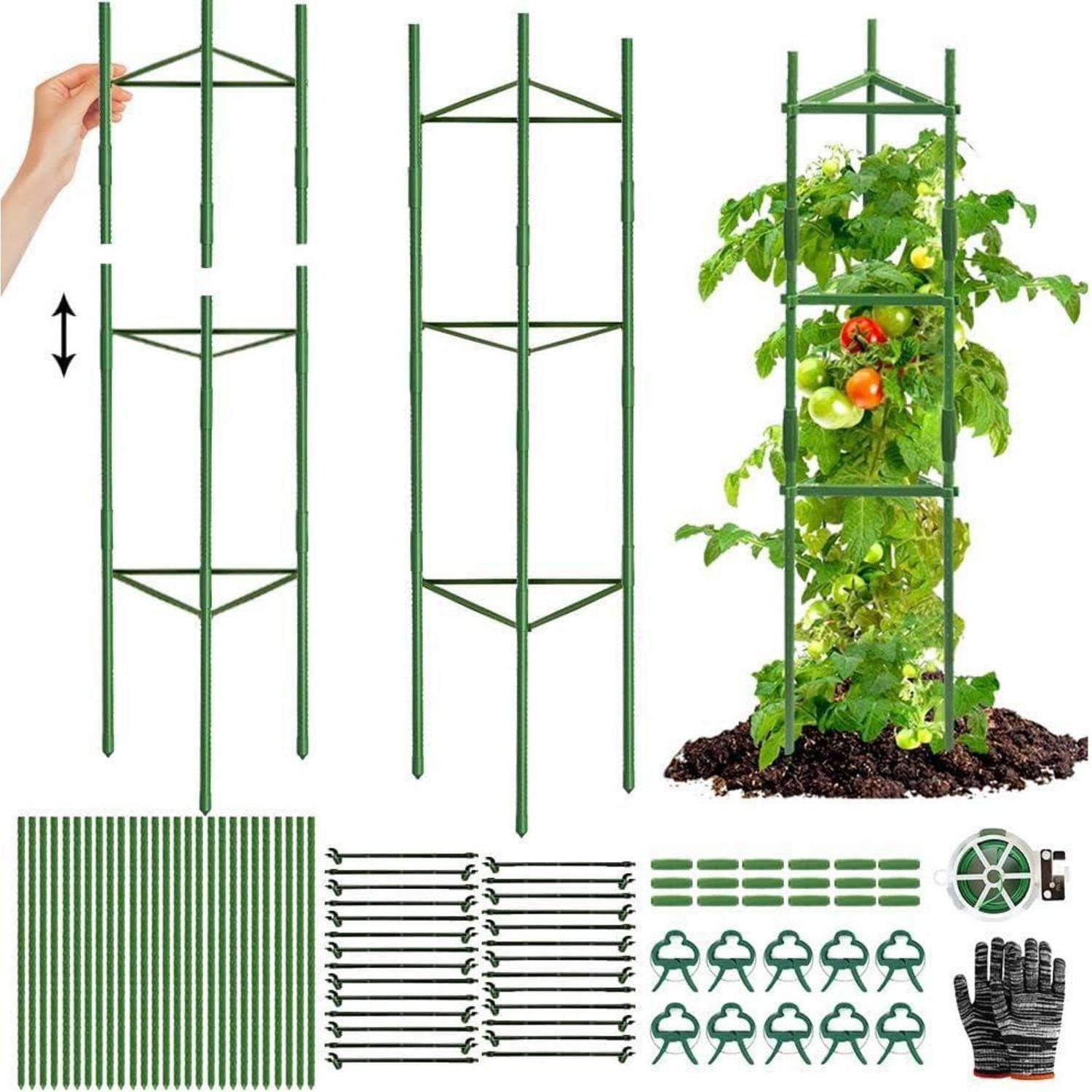 Ein modulares Pflanzenstützsystem zeigt drei Montagestadien, wobei eine Hand Komponenten justiert, eine Tomatenpflanze abstützt und Montageteile daneben liegen.