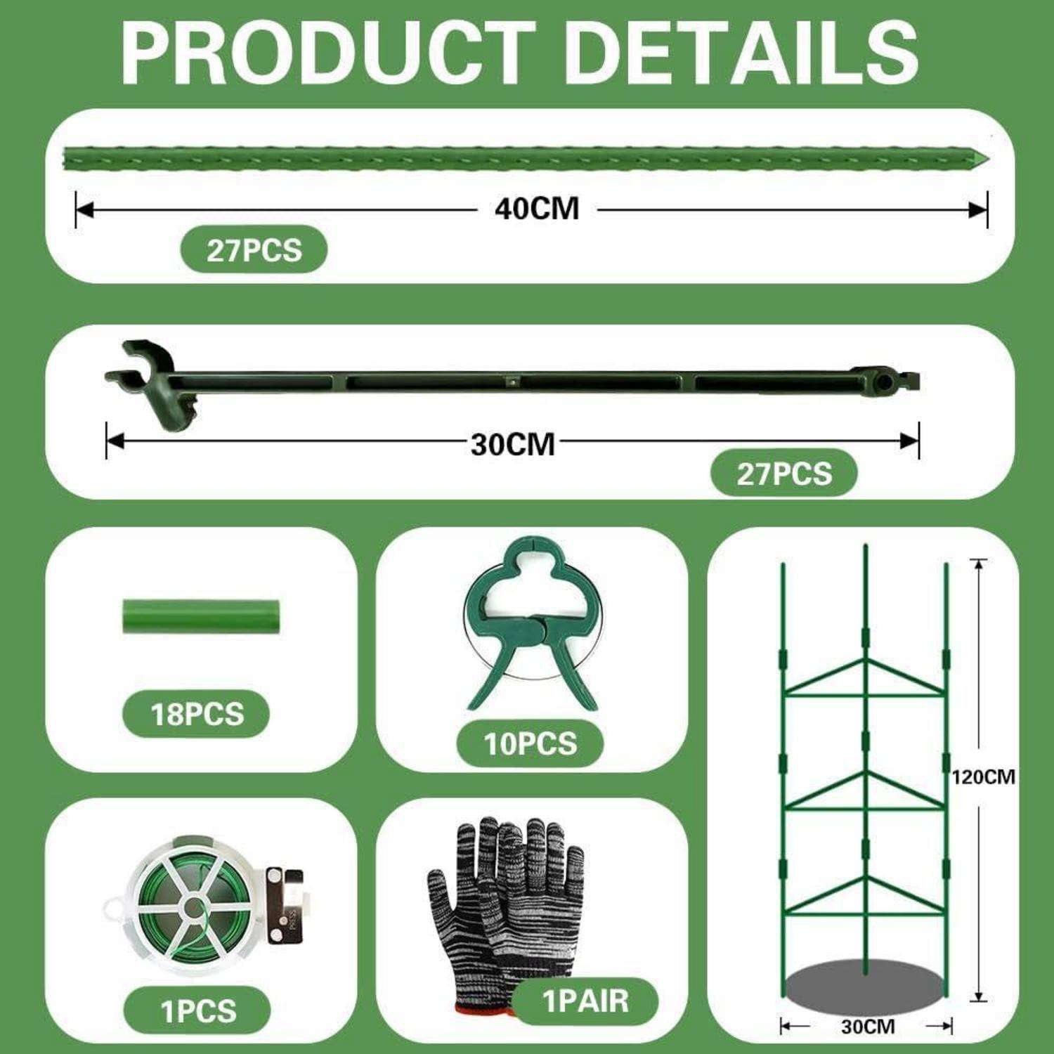 Produktdetails': Enthält Pflanzstützen (40 cm, 27 Stück), Verbindungsstangen (30 cm, 27 Stück), verschiedene Verbinder, Pflanzenbinder, Handschuhe und Rankhilfe (120 cm).