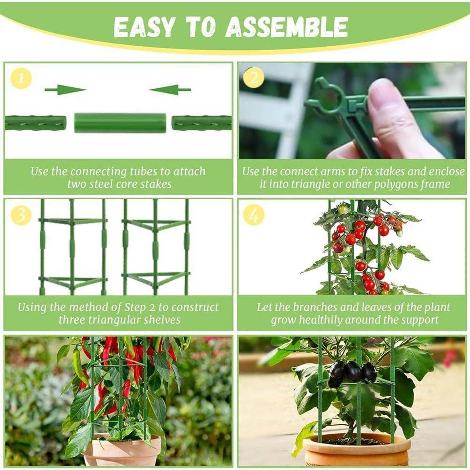 Montageanleitung 'Einfach zu Montieren': Verbinden Sie Rohre mit Pflöcken, bilden Sie Dreiecksrahmen, stapeln Sie drei Rahmen und lassen Sie die Pflanze mit Unterstützung wachsen.