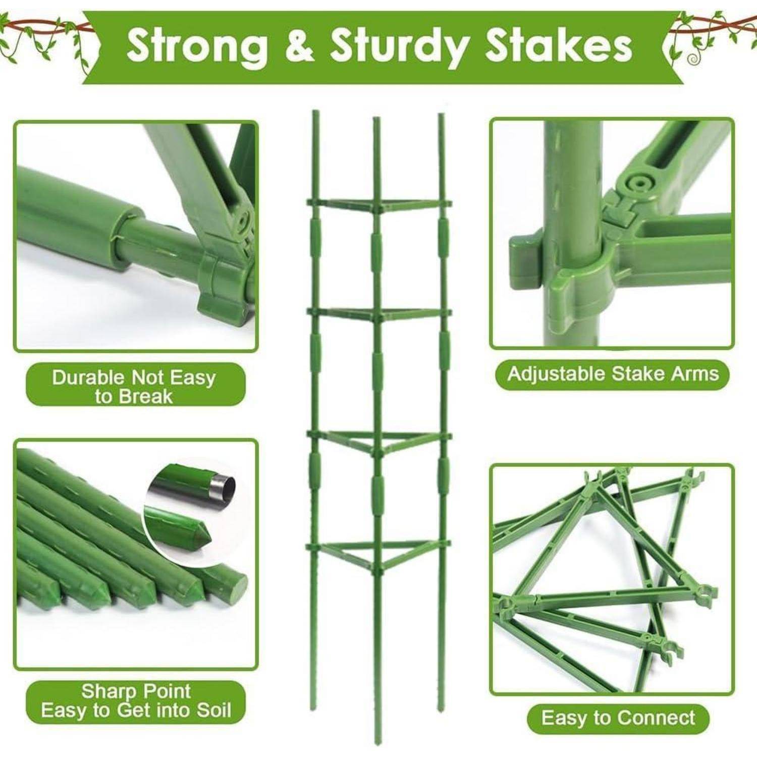 Bild von grünen Pflanzenstützen mit drei vertikalen Stäben und verstellbaren Querarmen. Merkmale sind Haltbarkeit und einfache Montage.