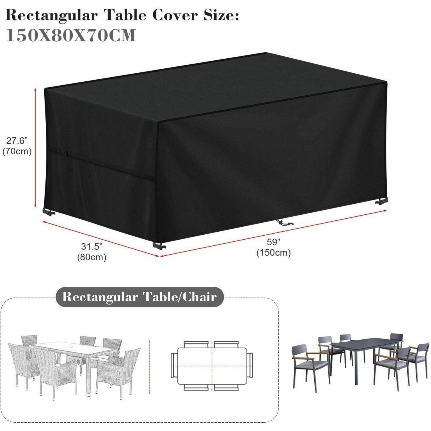 Größe der rechteckigen Tischdecke: 150x80x70 cm, mit einer schwarzen rechteckigen Tischdecke. Diagramm mit Tisch- und Stuhlkonfigurationen abgebildet.