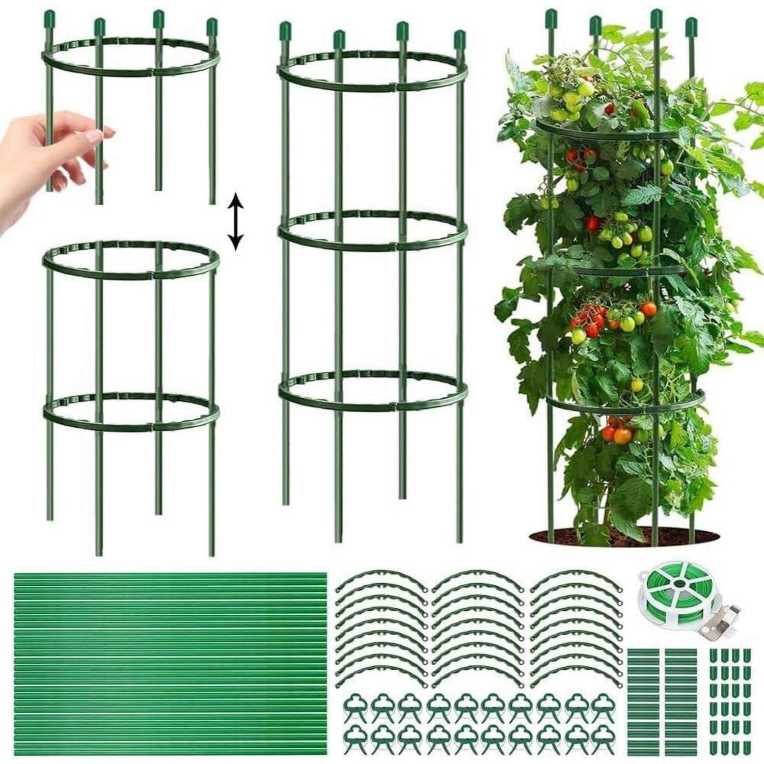 Anbauanleitung für Tomatenkäfig: Montageschritte dargestellt mit grünen Pflöcken. Fertiger Käfig gezeigt beim Stützen einer Tomatenpflanze mit reifen Tomaten.