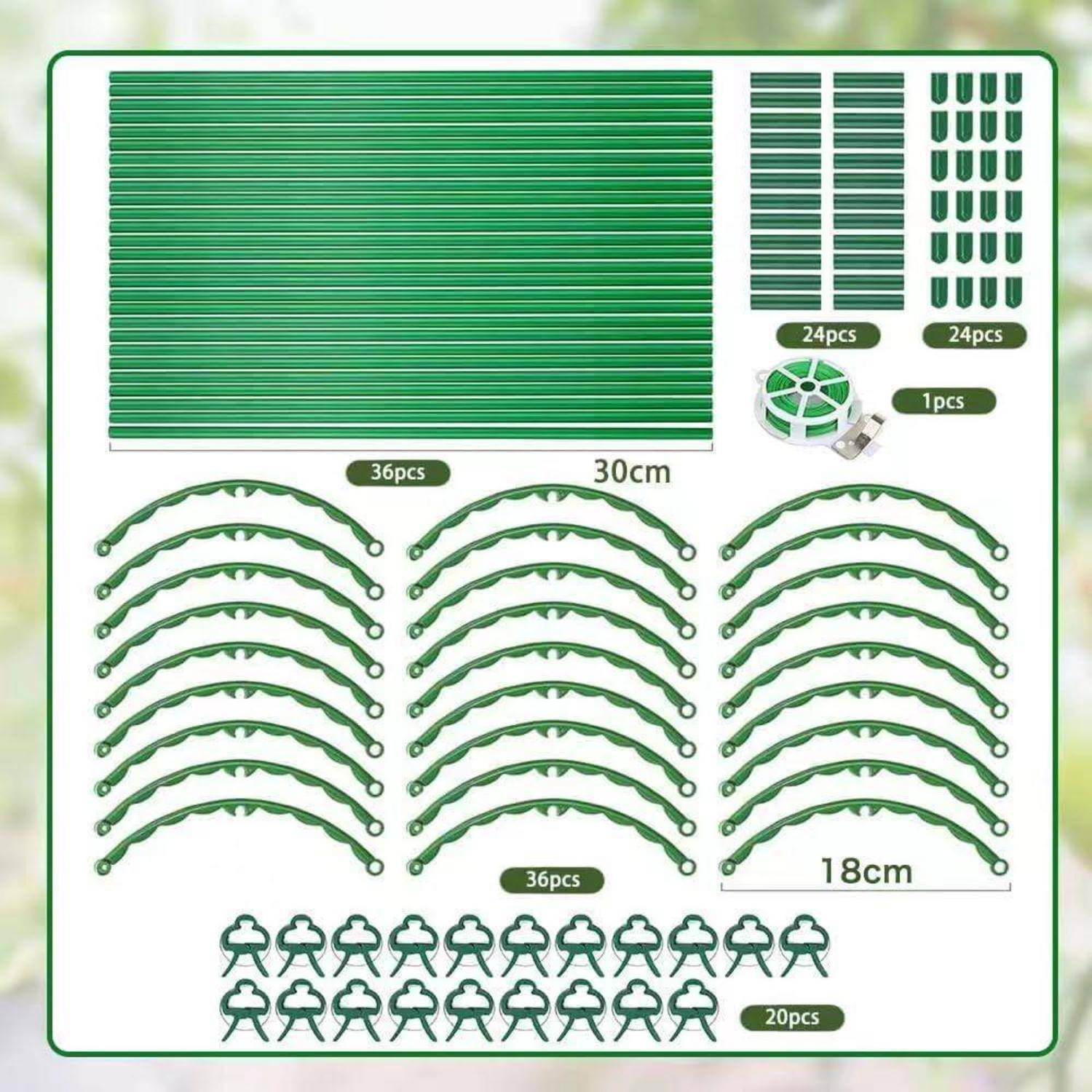 Bild eines Pflanzenunterstützungssystems mit verschiedenen grünen Stangen und Verbindern. Enthält Stangen (30 cm), bogenförmige Stützen (36 Stück) und Clips.
