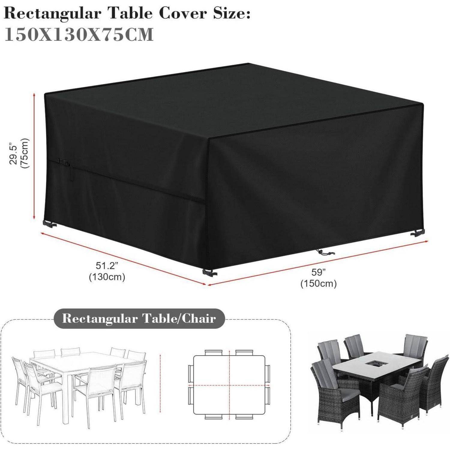 Rechteckige Outdoor-Tischabdeckung, schwarz, Größe 150x130x75 cm. Enthält Diagramm, das das Aufsetzen über einen Standard-Tisch und Stühle zeigt.