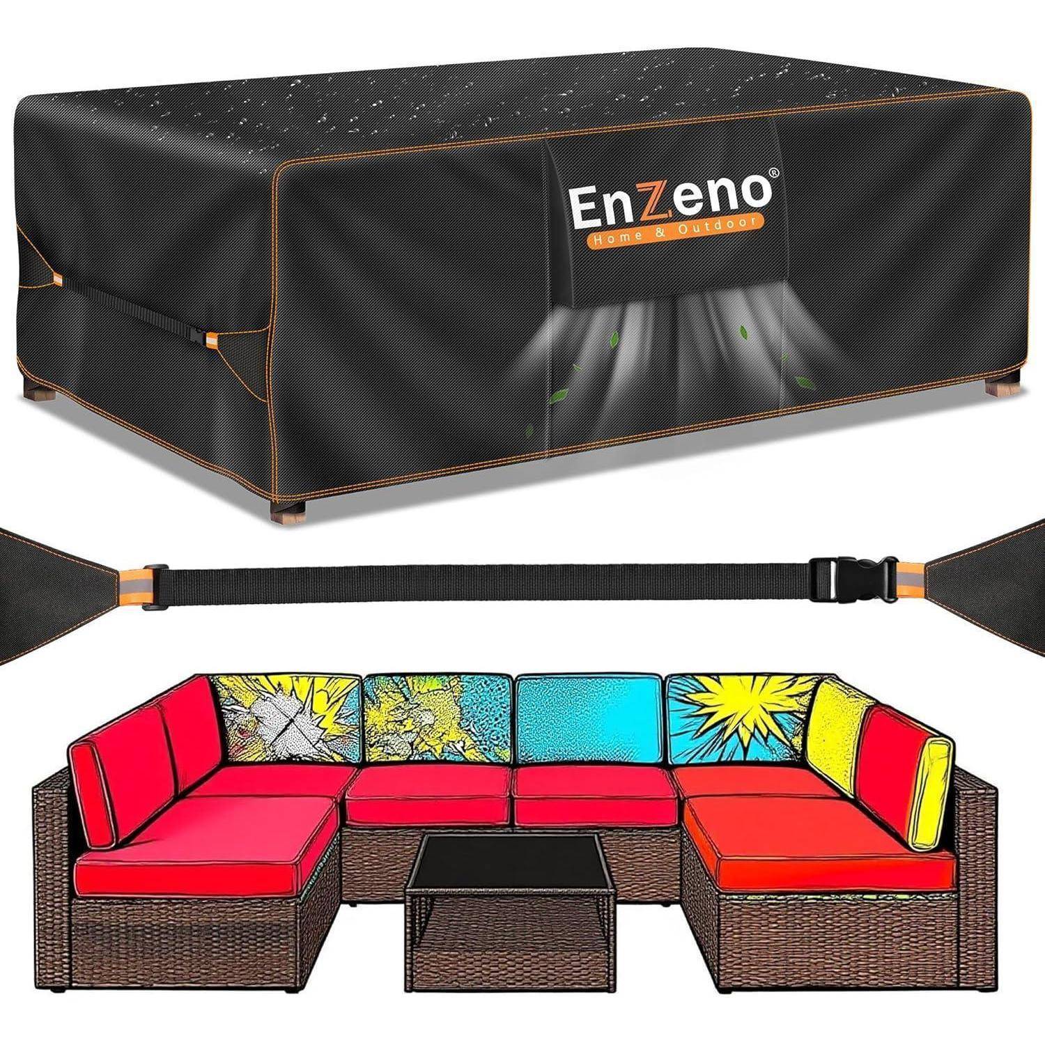 Outdoor-Möbelbezug mit der Bezeichnung 'EnZeno', der mit wasserdichtem Design und robustem Riemen versehen ist. Darunter ist ein farbenfroher Terrassensofa-Satz abgebildet.