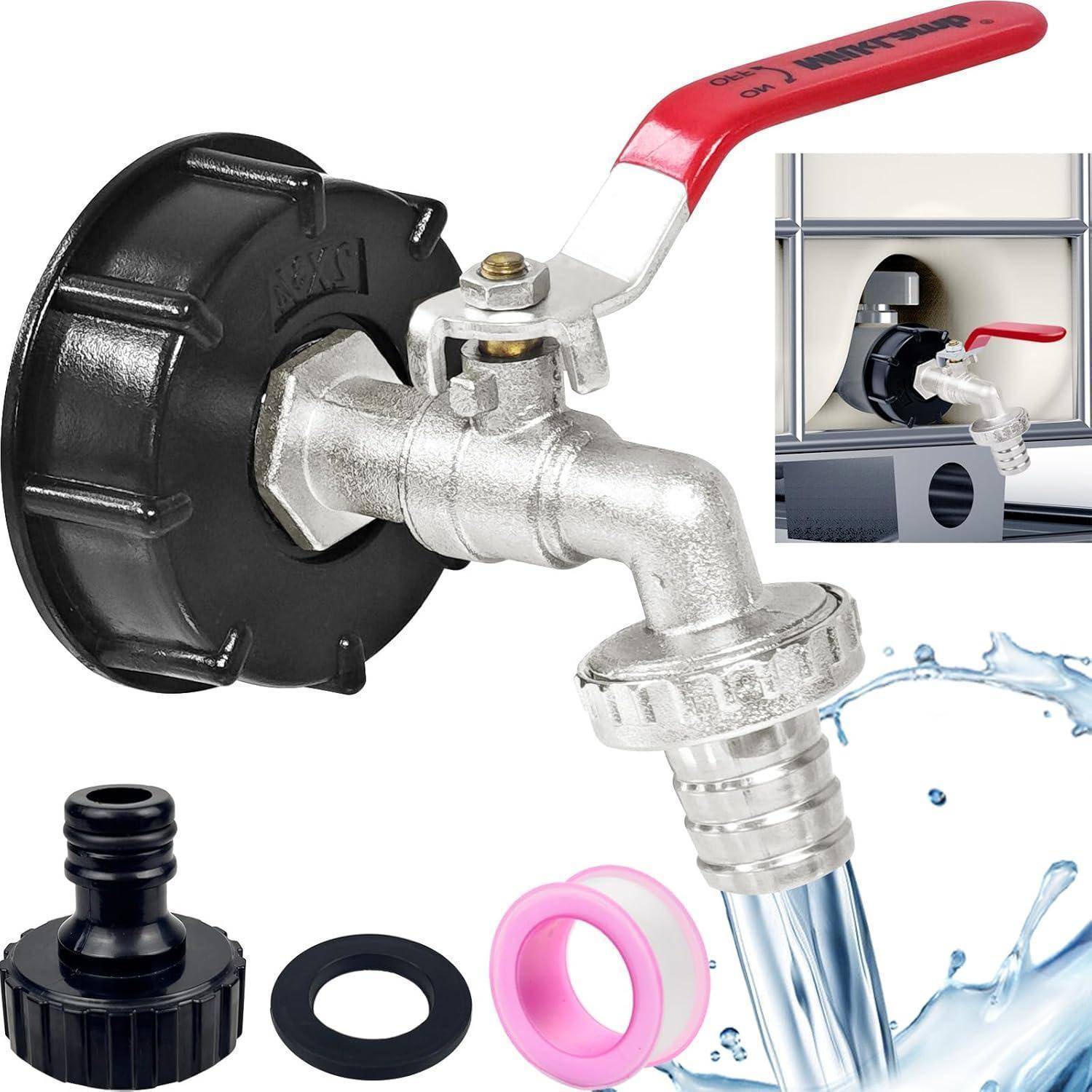 Ein Metallwasserhahn mit einem roten Hebel und Schlauchanschluss wird gezeigt, mit abnehmbaren Teilen. Eingesetzte Abbildung zeigt den Hahn an einem Tank montiert.