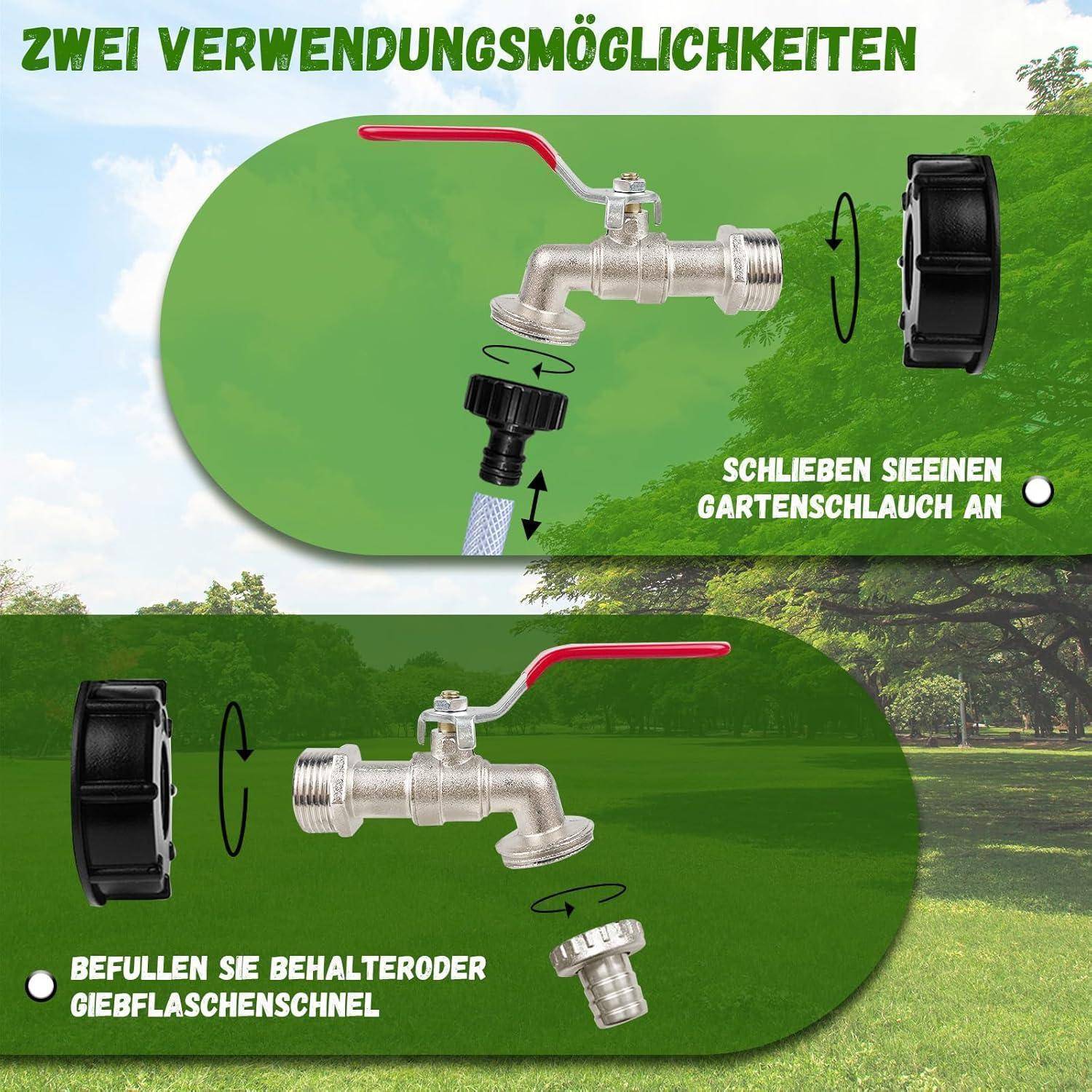 Das Bild zeigt zwei Verwendungsmöglichkeiten für einen Wasserhahnadapter: das Anschließen eines Gartenschlauchs und das schnelle Befüllen von Behältern, vor einem Parkhindergrund.