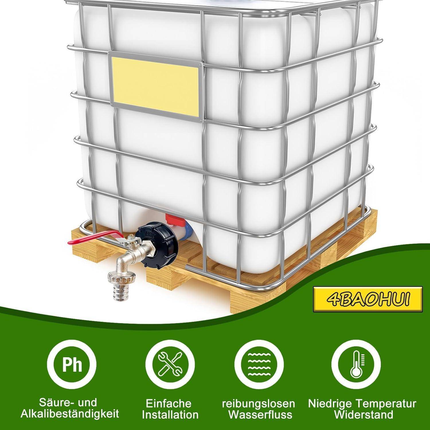 Ein großer weißer Behälter mit Metallrahmen auf einer Holzpalette. Etiketten am unteren Rand zeigen hohen pH-Wert, einfache Installation, Wasserfluss und niedrige Temperatur an.
