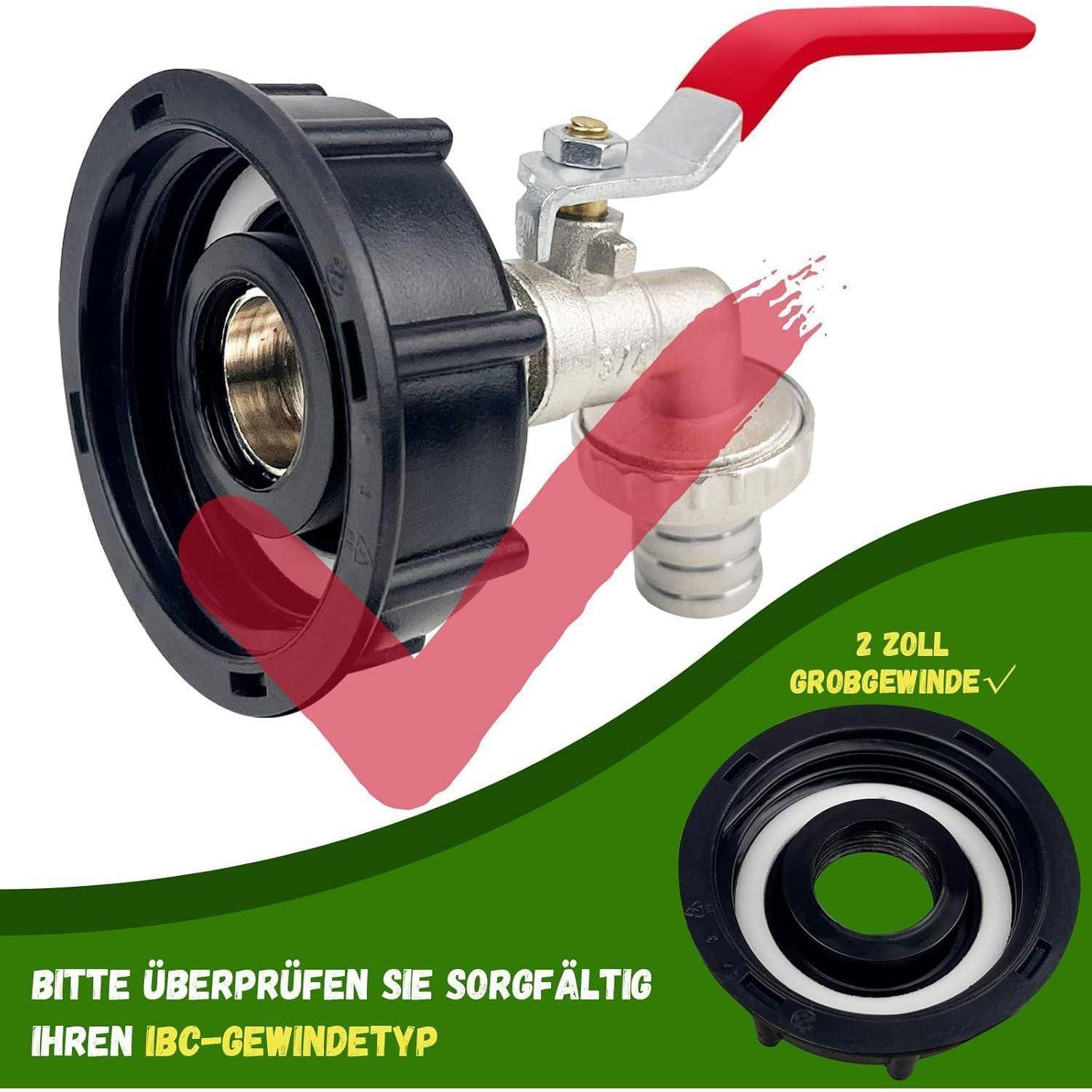 IBC-Ventil mit rotem Hebel und grünem Häkchen, das die Kompatibilität anzeigt. Text auf Deutsch empfiehlt, den IBC-Gewindetyp zu überprüfen.