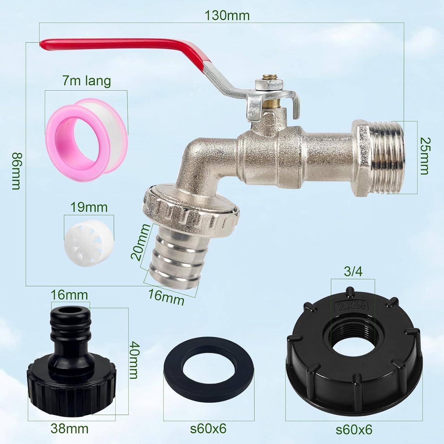 Wasserhahn mit rotem Griff, Abmessungen angegeben: 130 mm Länge, 86 mm Höhe. Inklusive Anschlüsse, Dichtungen und 3/4-Zoll-Adapter.