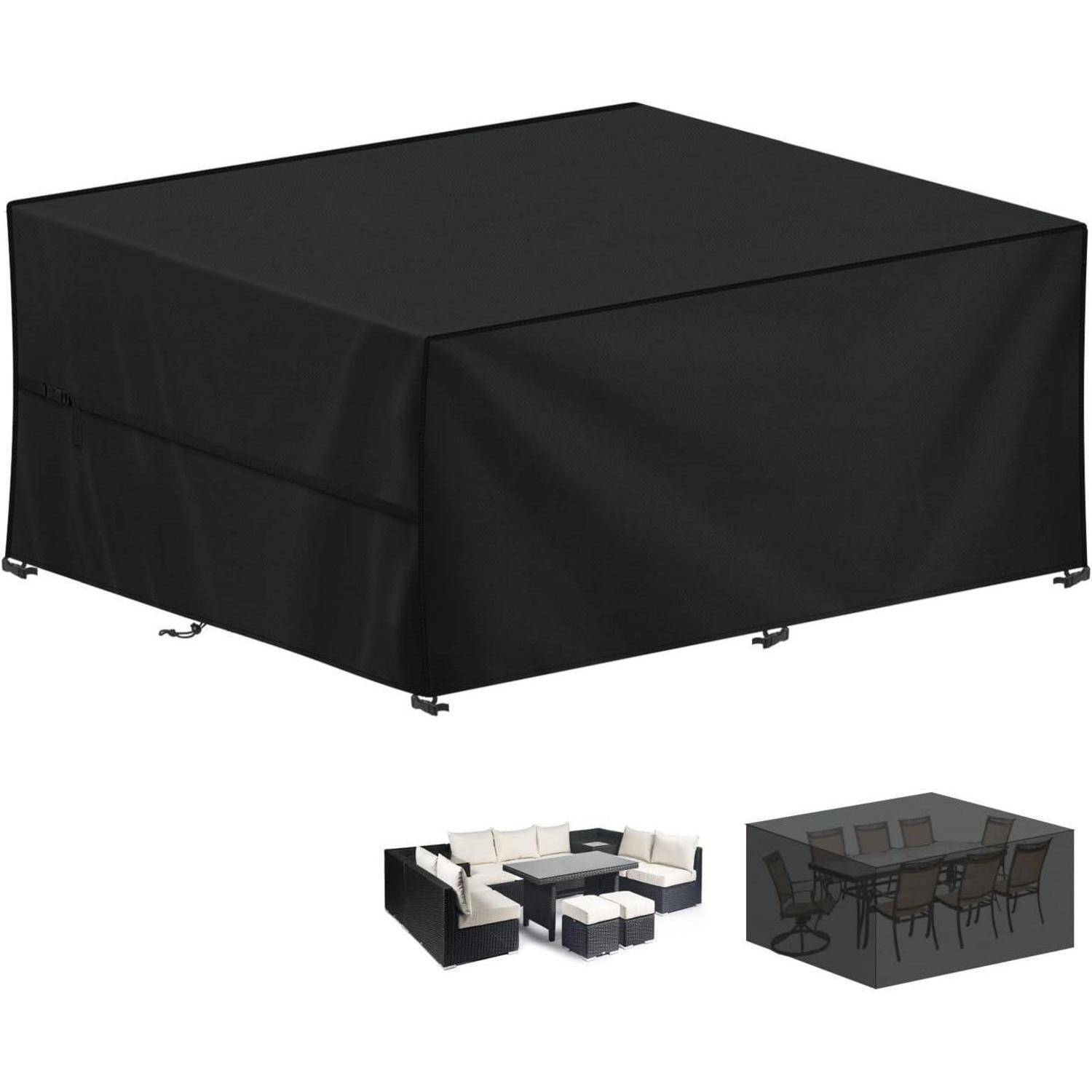 Große schwarze Outdoor-Möbelbezug, der eine Eckcouch und einen Esstisch-Set schützt. Illustrierte Verwendungsbeispiele unten dargestellt.