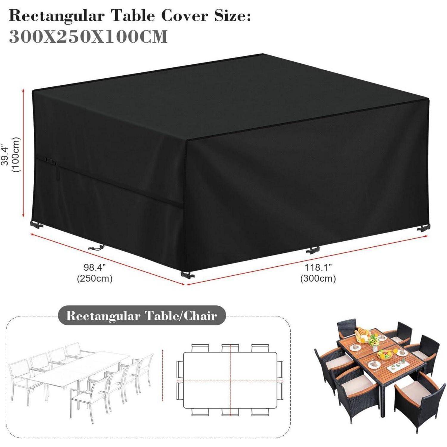 Rechteckige schwarze Tischdecke Abmessungen: 300x250x100 cm. Passt zu großem Outdoor-Esstisch mit acht Stühlen.