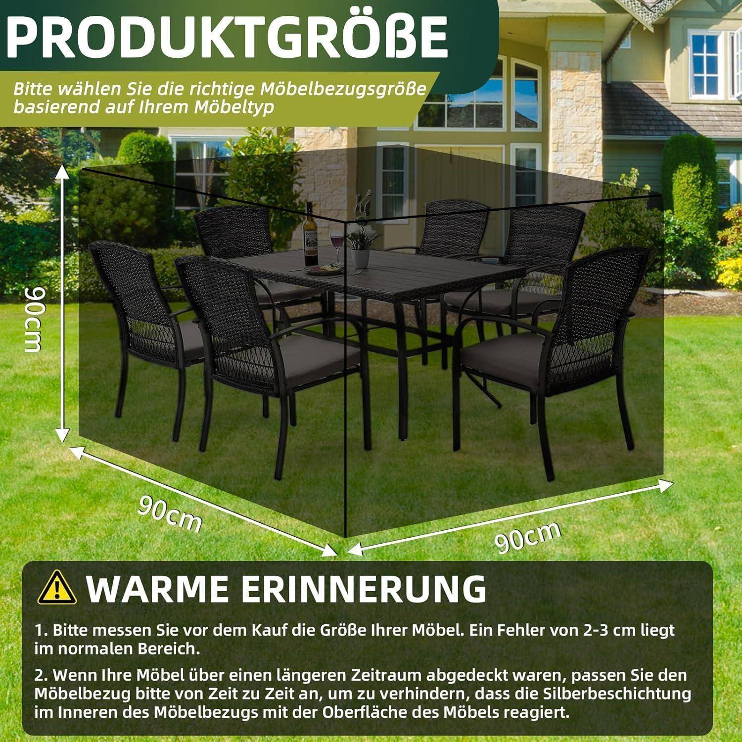 Gartenmöbel-Set mit sechs Stühlen und einem Tisch auf Rasen. Gelber Text gibt Anweisung, die Möbelgröße vor dem Kauf zu messen und auf Materialspezifikationen zu achten.