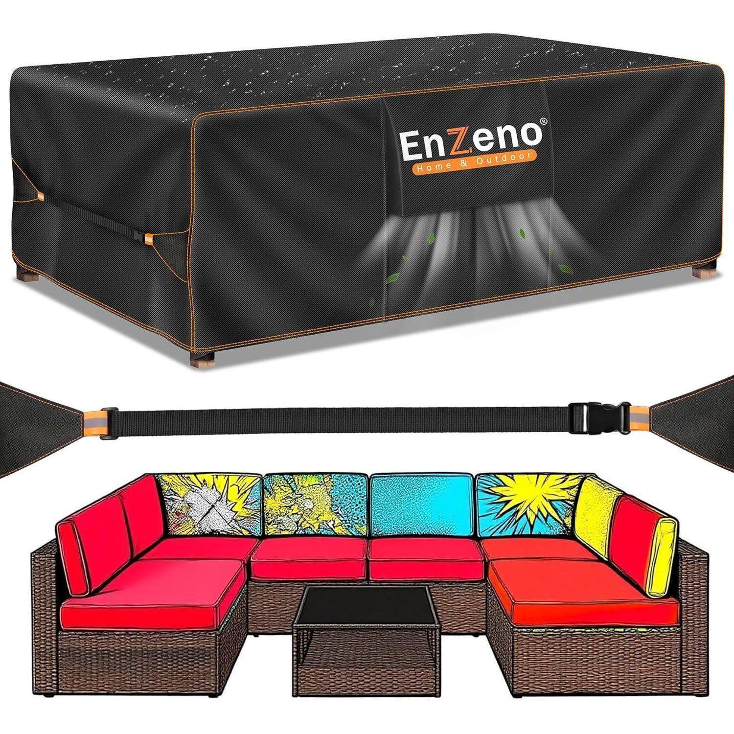 Schwarze Schutzhülle für Ecksofa-Gartenmöbel mit verstellbarem Riemen. Mit Wasser- und UV-Schutz. Gekennzeichnet mit 'EnZeno'.