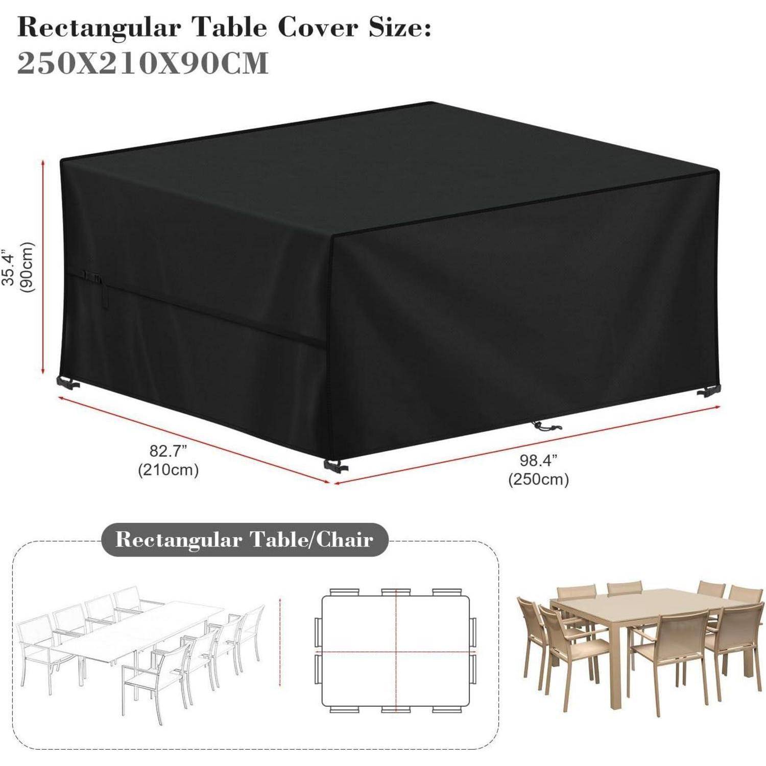 Rechteckige schwarze Tischdecke, die Tische bis zu einer Größe von 250x210x90 cm abdeckt. Enthält Diagramme, die die Passform auf verschiedenen Tisch- und Stuhlkonfigurationen zeigen.