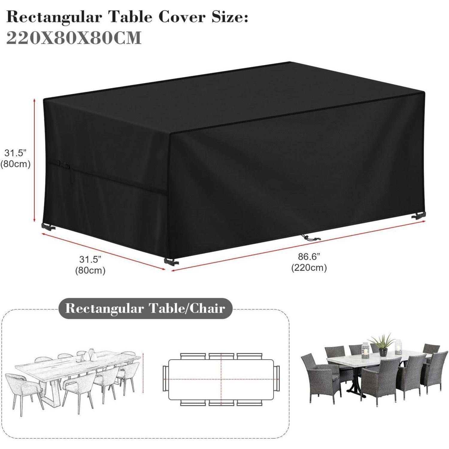 Rechteckige Tischdeckengröße: 220x80x80CM. Schwarze Abdeckung auf Tisch mit dargestellten Maßen. Darunter: Aufbau mit Tisch, sechs Stühlen und schematischer Ansicht.