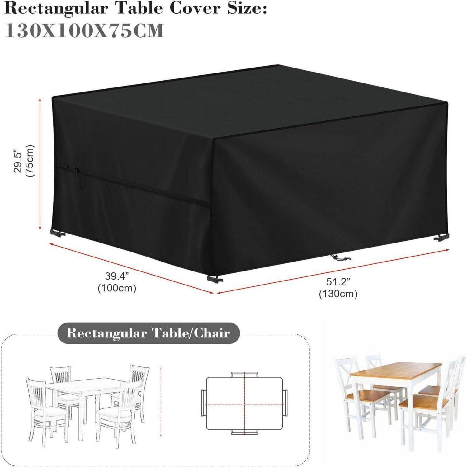 Schwarze rechteckige Tischdecke mit Abmessungen: 130x100x75 cm. Passt über einen standardmäßigen rechteckigen Tisch und Stühle, wie abgebildet.