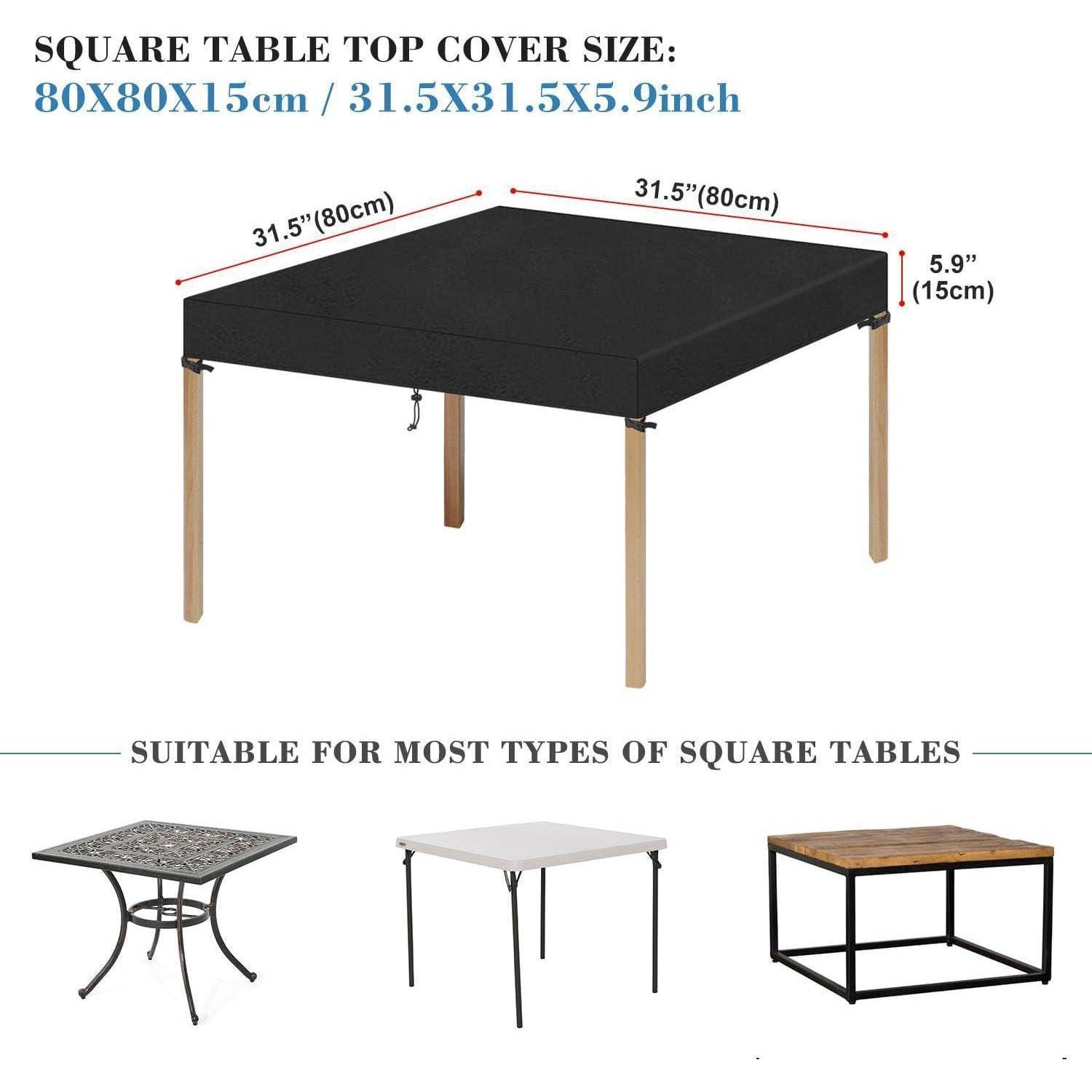 Quadratische Tischdecke, 80x80x15 cm, schwarz. Passt zu den meisten quadratischen Tischen: Metall-, weiße und Holzstile abgebildet.
