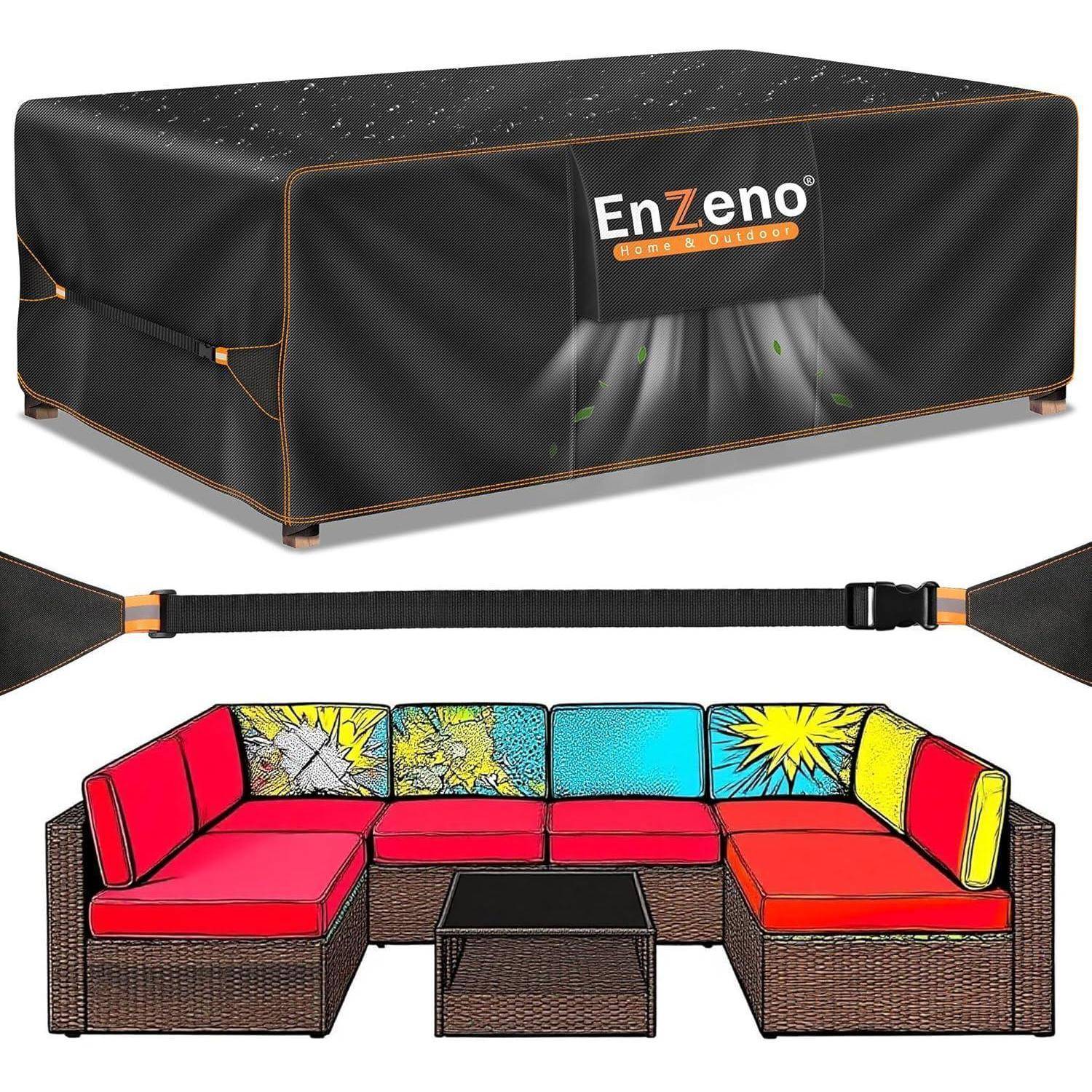 Outdoor-Gartenmöbel-Abdeckung in Schwarz mit orangefarbener Einfassung, Marke 'EnZeno', die ein Ecksofa abdeckt. Hervorgehoben wird der UV-Schutz.