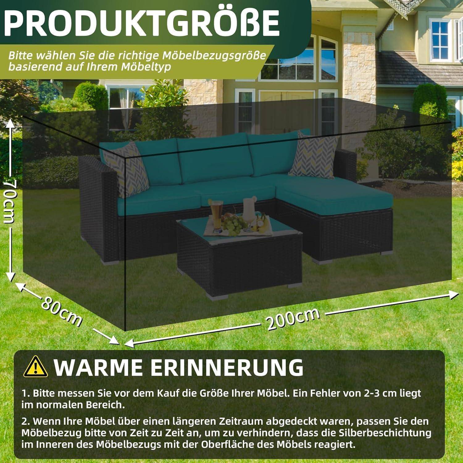 Eine Terrasse mit grünem Gras zeigt Gartenmöbel: ein türkisfarbenes Ecksofa mit dunklen Kissen. Der Text gibt Ratschläge zum Auswählen der richtigen Möbelbezugsgröße.