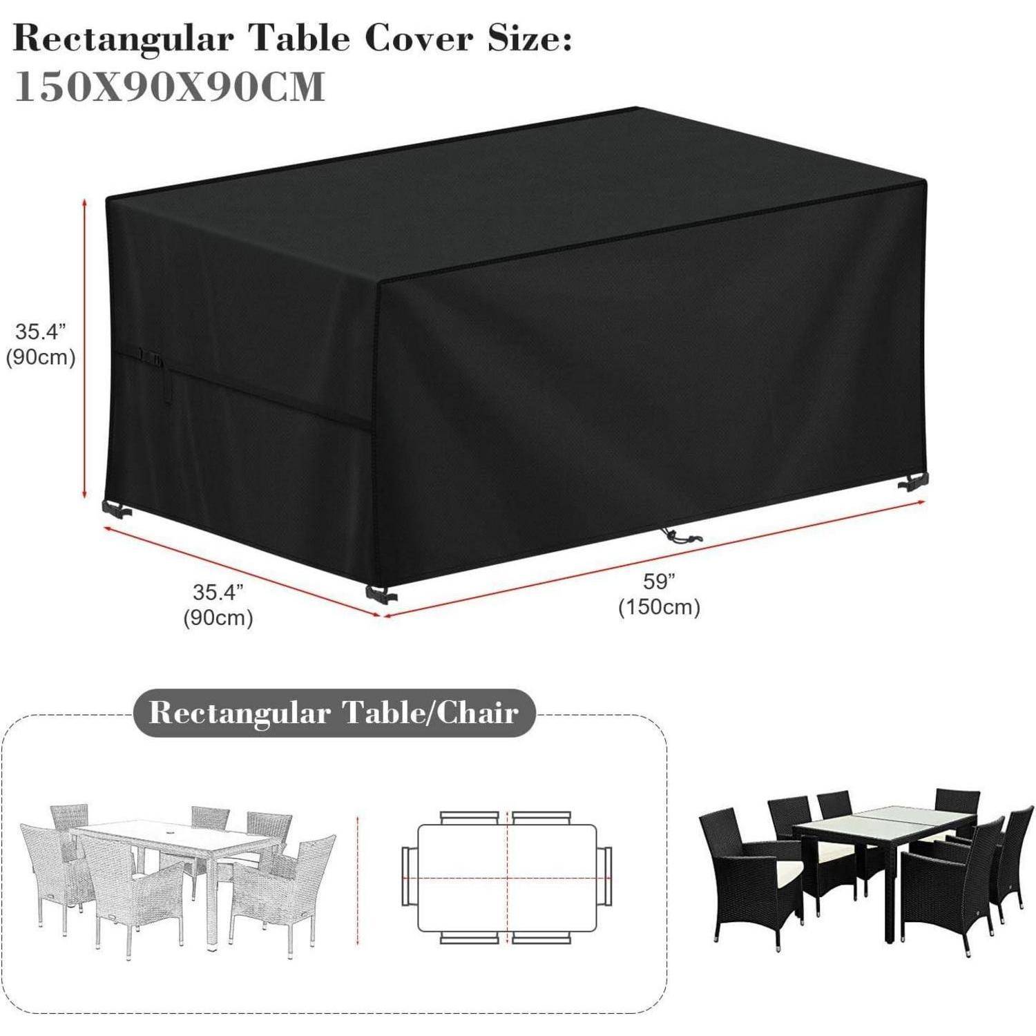 Rechteckige Tischdecke für eine Tischgröße von 150x90x90 cm, dargestellt mit einer Illustration eines Tisches und Stühlen, bedeckt und unbedeckt.