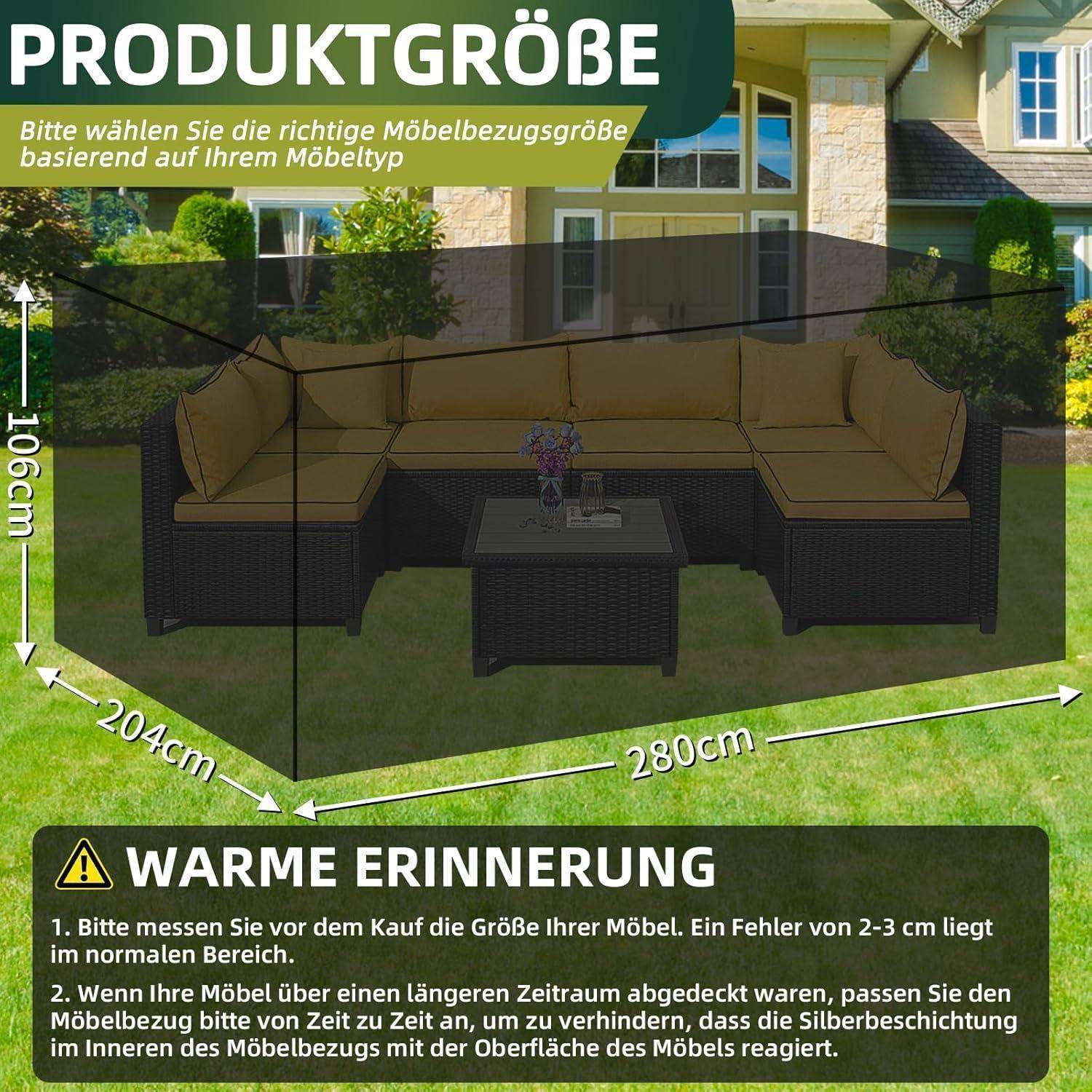 Outdoor-Möbel Sofa mit Abmessungen: 280 cm Breite, 204 cm Tiefe, 106 cm Höhe. Hinweis empfiehlt, Maße vor dem Kauf zu überprüfen.