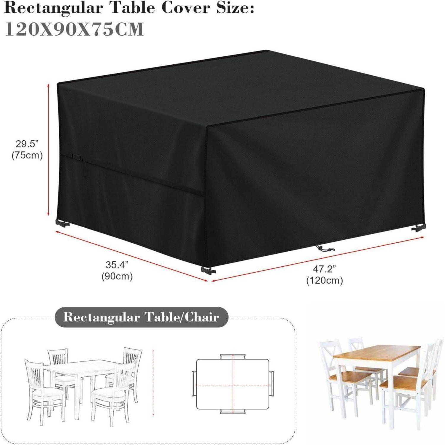 Schwarze rechteckige Tischdecke, Maße 120x90x75 cm, über einem Tisch und Stühlen platziert. Diagramme zeigen, dass die Decke für Tische mit 29,5