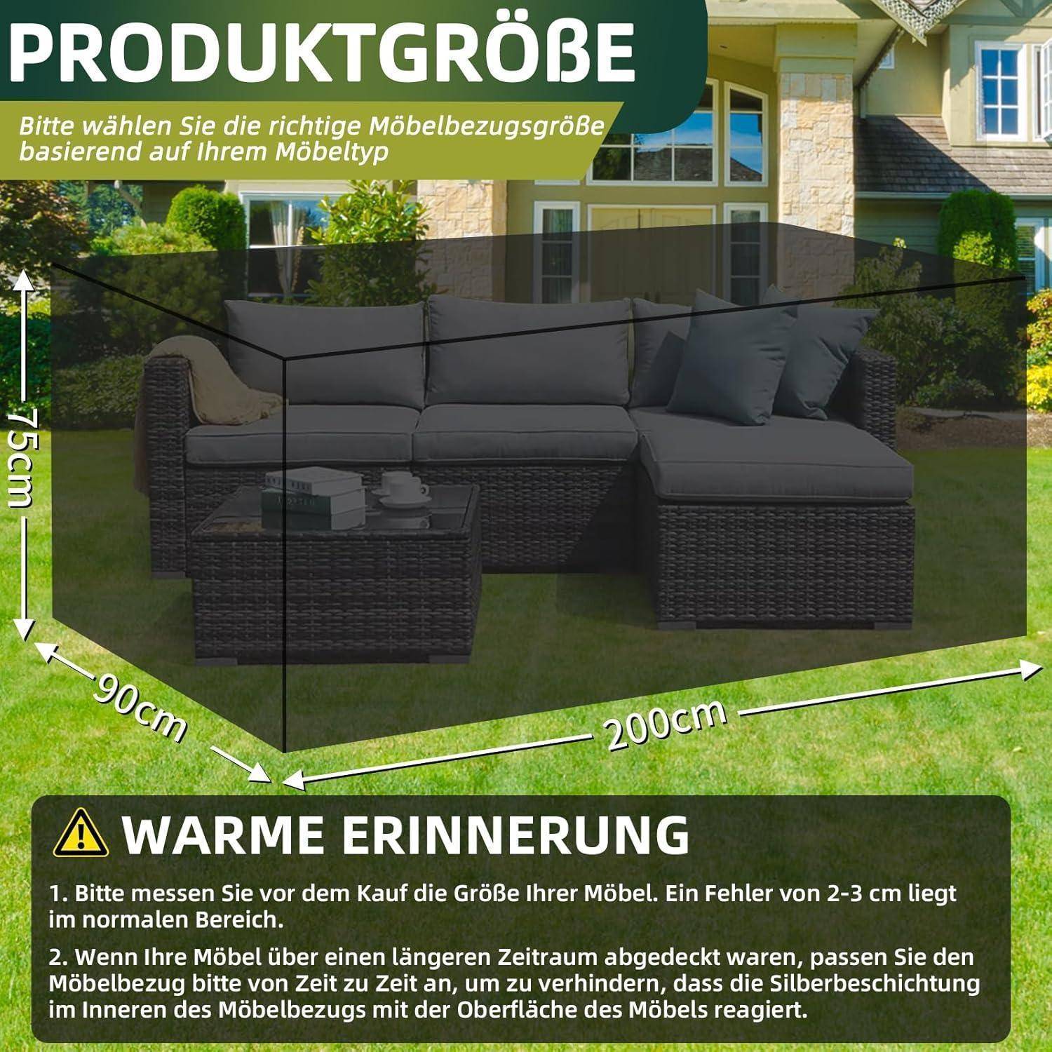 Sofa mit Abmessungen: 75 cm Höhe, 90 cm Tiefe, 200 cm Breite. Achten Sie beim Kauf eines Möbelbezugs darauf, die richtige Größe auszuwählen.