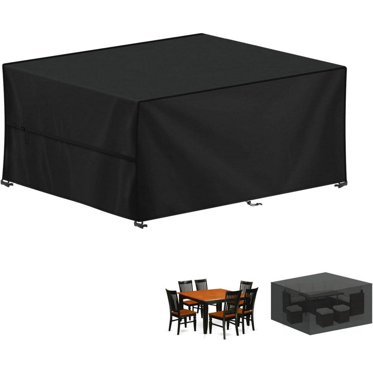 Eine schwarze rechteckige Schutzhülle für Terrassenmöbel, die eine Essgruppe abdeckt. Einblendungen zeigen die unbedeckte Sitzgruppe mit sechs Stühlen und einem quadratischen Tisch.