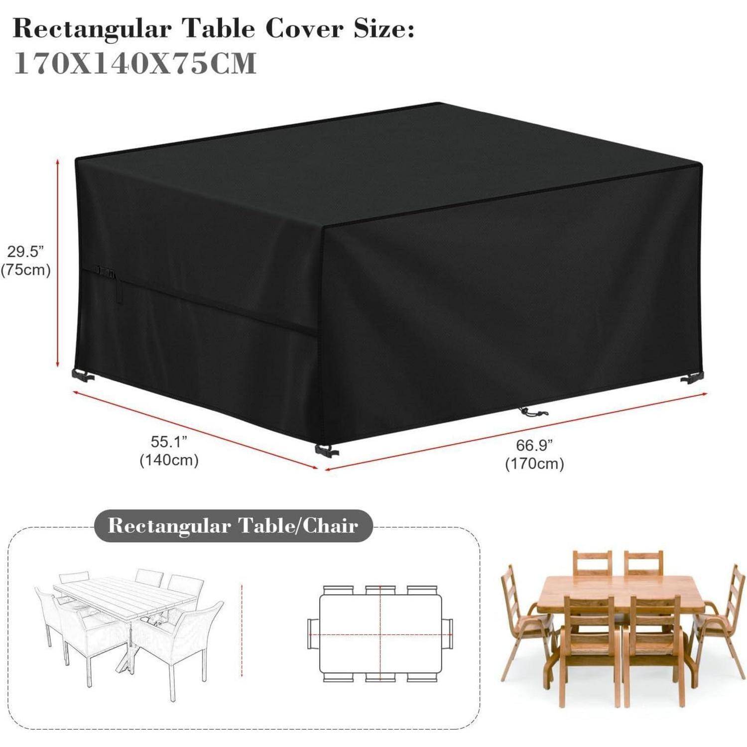 Schwarze rechteckige Tischdecke Abmessungen: 170x140x75 cm. Die Skizze zeigt, wie die Decke über einen Tisch mit sechs Stühlen passt.