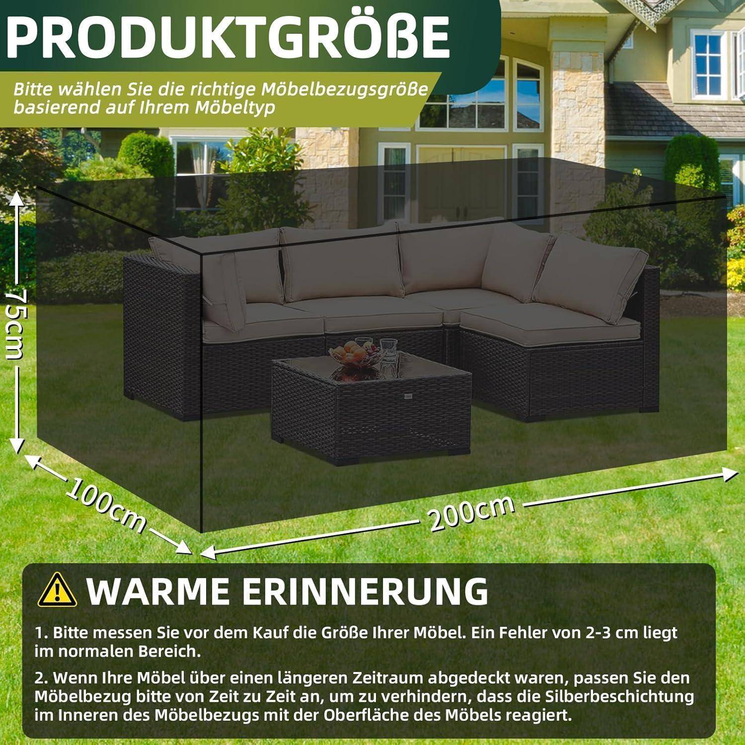L-förmiges Outdoor-Sofa mit grünen Kissen; Maße: 200cm x 100cm x 75cm. Erinnerung: Möbelgröße vor dem Kauf ausmessen.