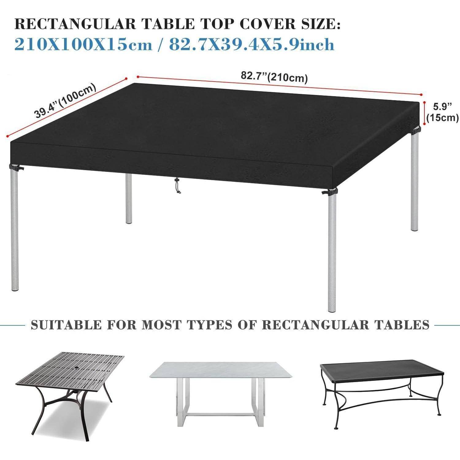 Rechteckige Tischdecke, Größe: 210x100x15 cm / 82,7x39,4x5,9 Zoll. Bilder zeigen, wie die Abdeckung auf gängigen rechteckigen Tischen sitzt.