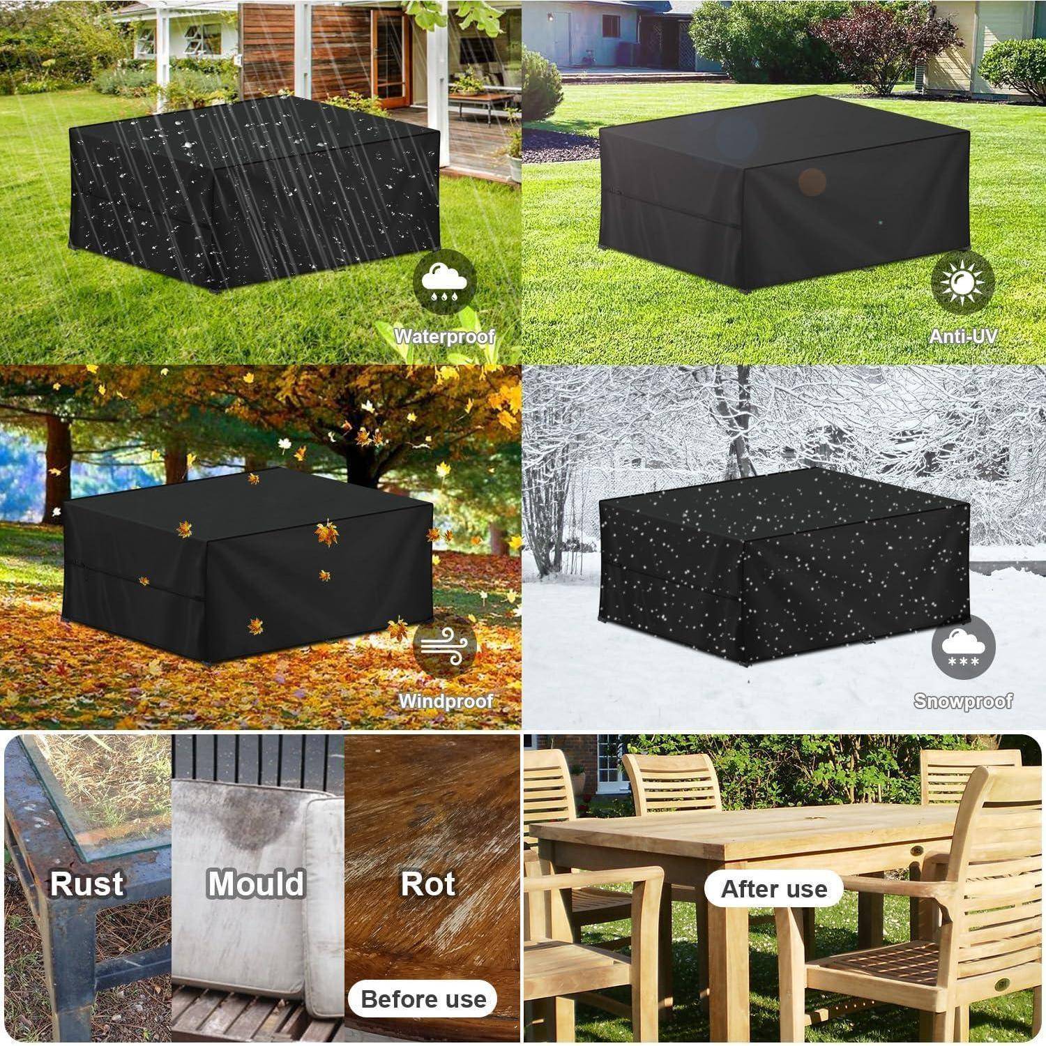 Outdoor-Möbelbezug in vier Einstellungen: 'wasserdicht', 'UV-beständig', 'windbeständig' und 'schneebeständig'. Vorher und nachher gegen Rost, Schimmel und Fäulnis.