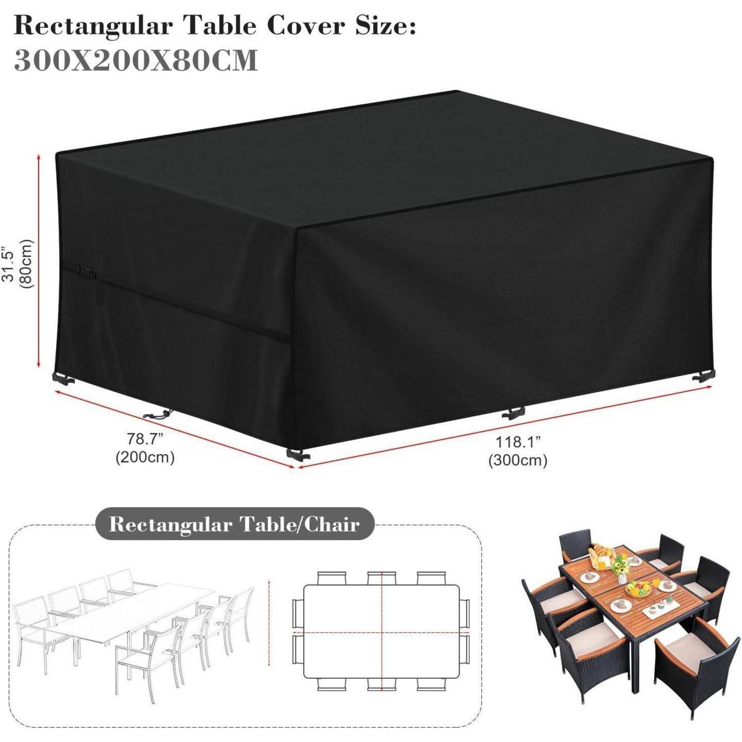 Schwarze rechteckige Tischabdeckung Maße: 300x200x80cm. Passt zu einem Tisch mit acht Stühlen. Schützt vor Wetter und Staub.