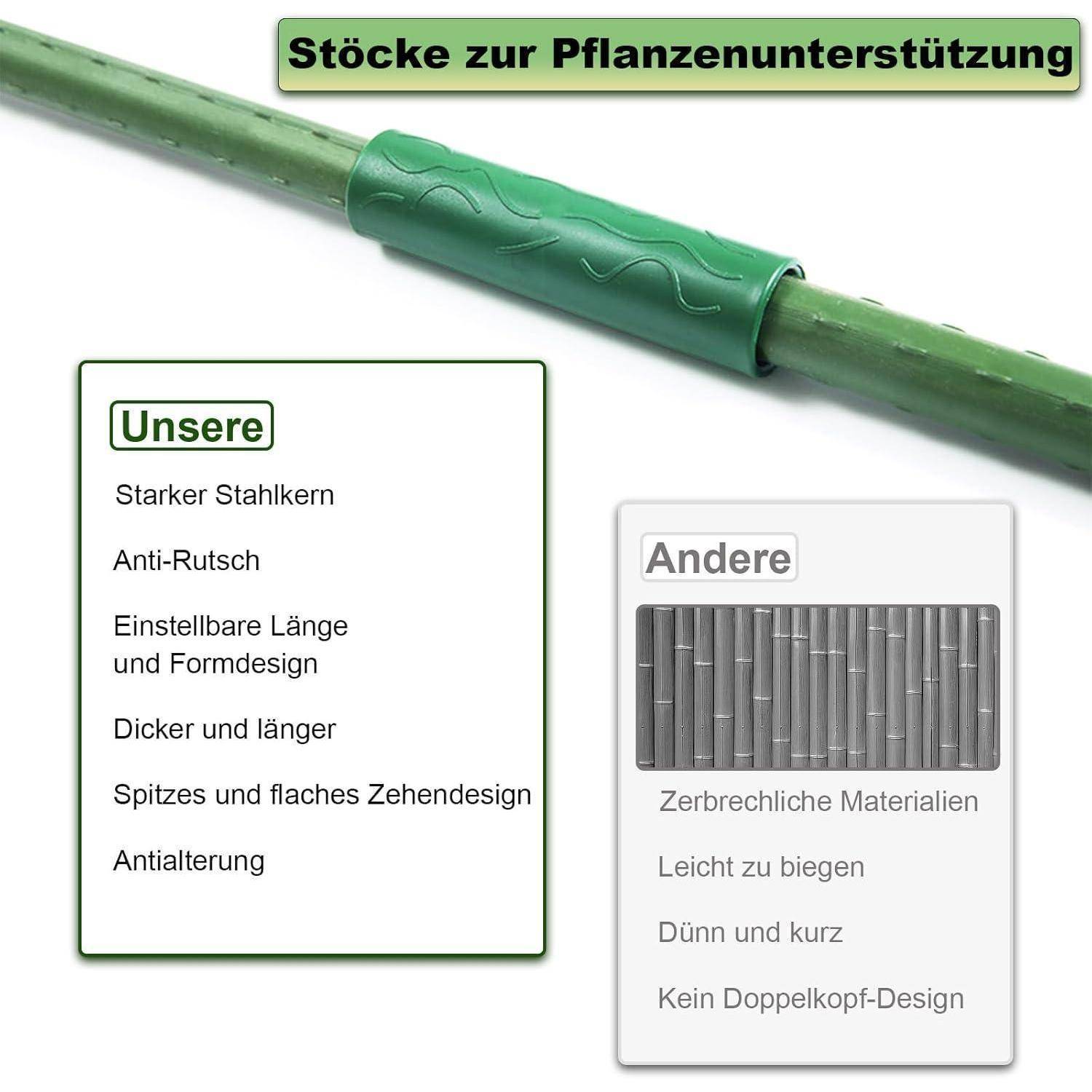 Grüner Pflanzenstützstab mit Stahlkern, rutschfest, in der Länge verstellbar und mit robuster Konstruktion. Der Vergleich zeigt andere Materialien als zerbrechlich und biegsam.
