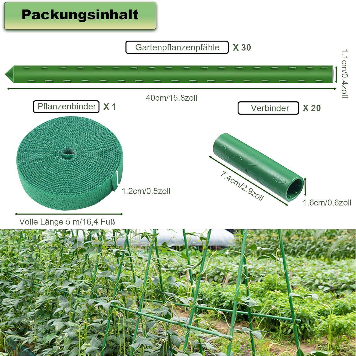 Packungsinhalt' (Inhalt): 30 Pflanzenstäbe (1,1 cm/0,2 Zoll), 1 Bindband (40 cm/15,8 Unzen), 20 Verbinder (1,6 cm/0,6 Unzen). Gesamtlänge: 5 m/16,4 Fuß. Bild zeigt Pflanzenstäbe in einem Garten.