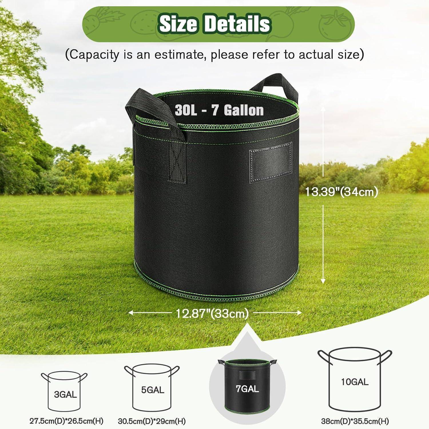 Ein schwarzer Stoff-Pflanztopf mit der Beschriftung 