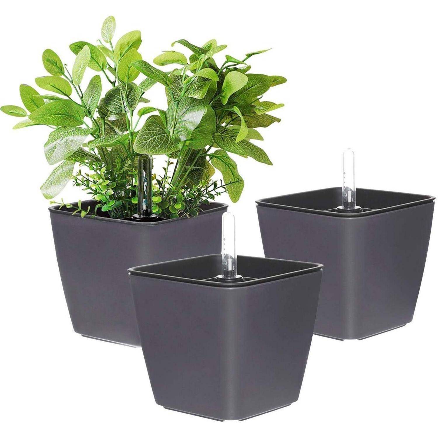 Blumentopf 13cm Plastik eckig 3er Set selbstwässernd Schwarz