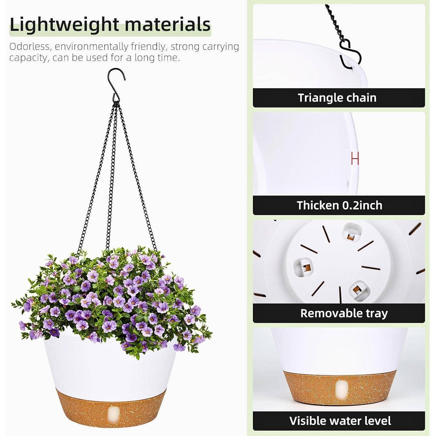 Hängender Blumentopf mit lila Blumen, ausgestattet mit Dreieckkette, 0,2 Zoll Dicke, herausnehmbarer Tablett und sichtbarem Wasserstandsanzeiger.