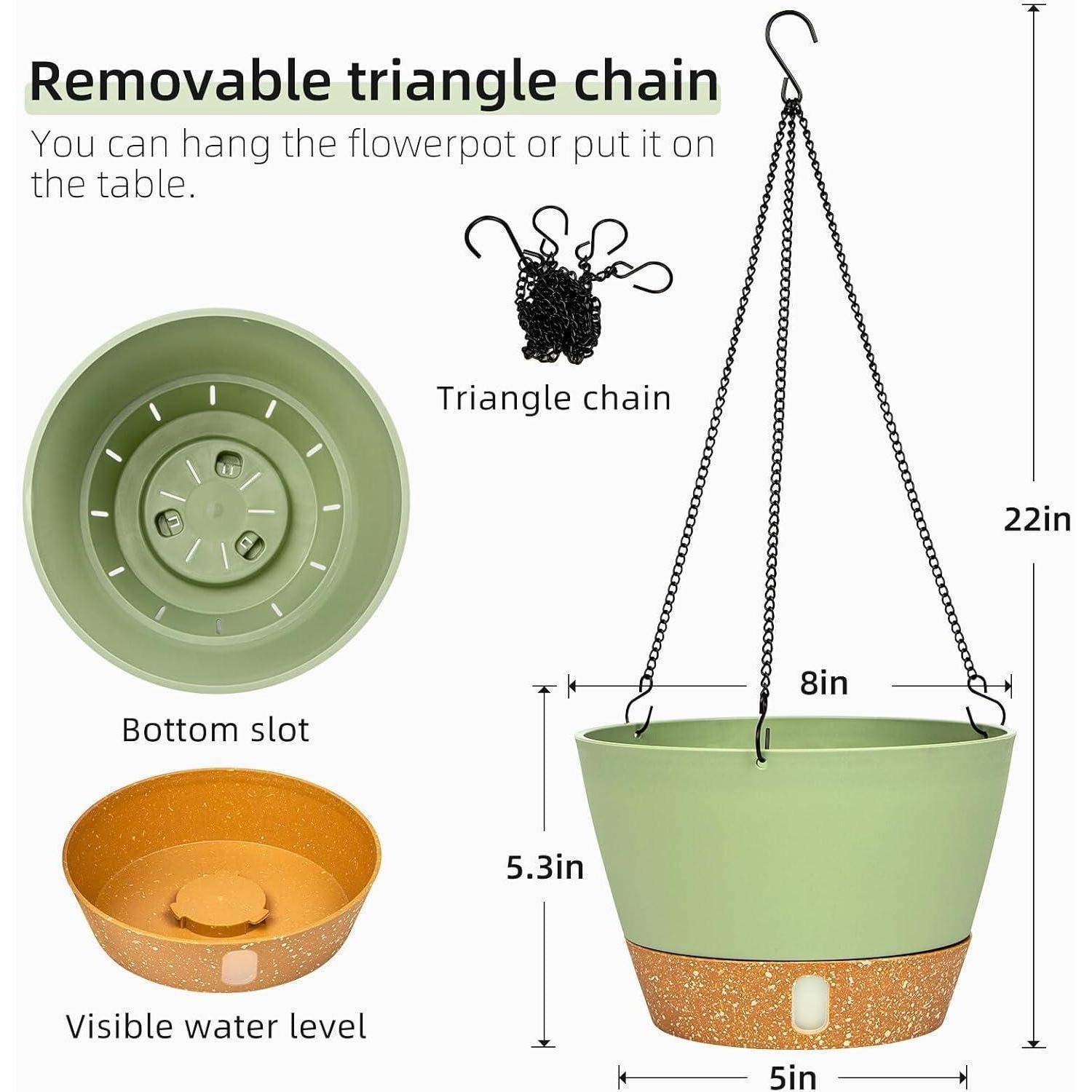 Hängender Blumentopf mit abnehmbarer Dreieckkette, 56 cm lang. Mit 13,5 cm Höhe, 20 cm Durchmesser, sichtbarem Wasserstand und Bodenaussparung.