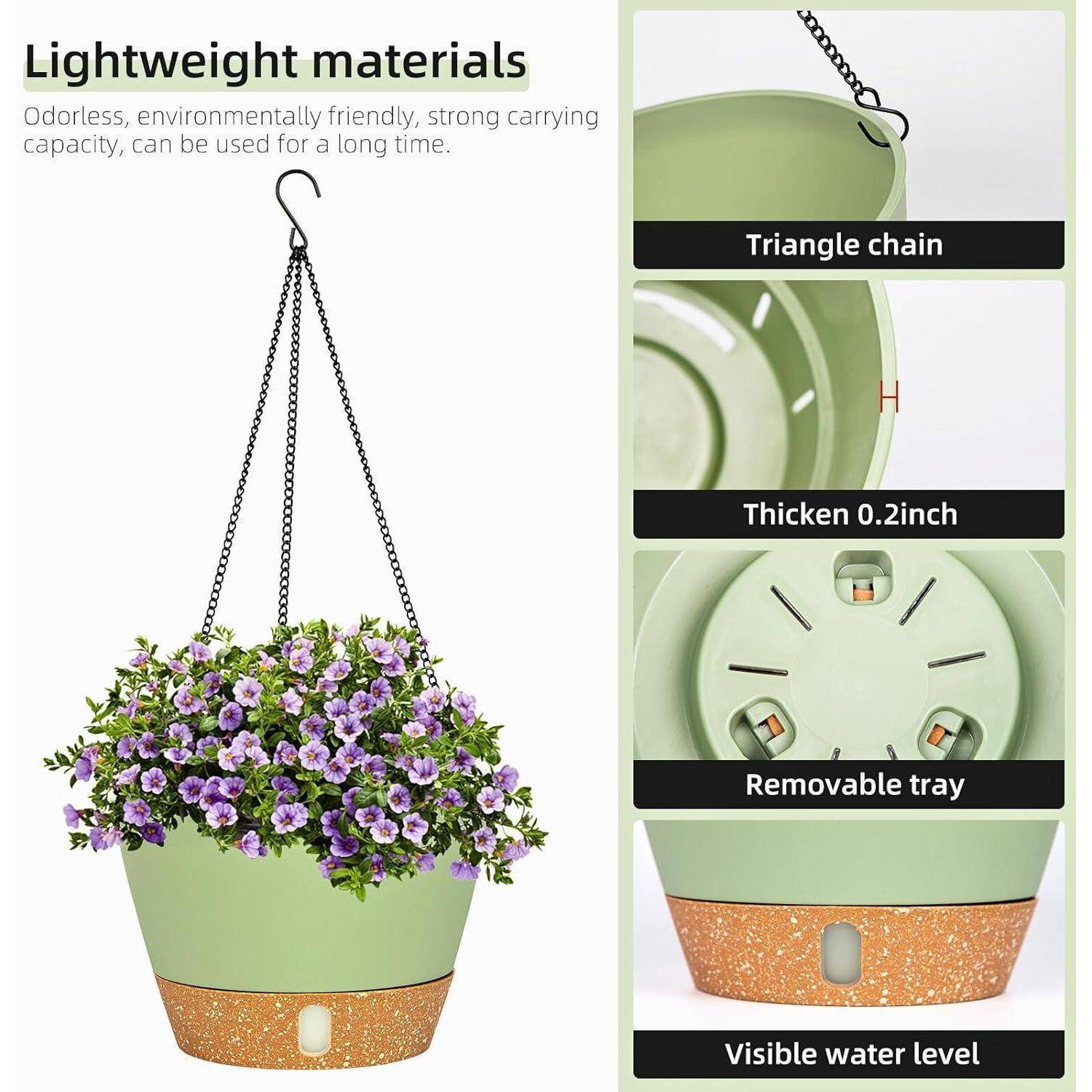 Hängender Topf mit violetten Blumen und Hauptmerkmalen: Dreieckkette, 0,2 Zoll verstärkte Wände, herausnehmbares Tablett, sichtbarer Wasserstand.