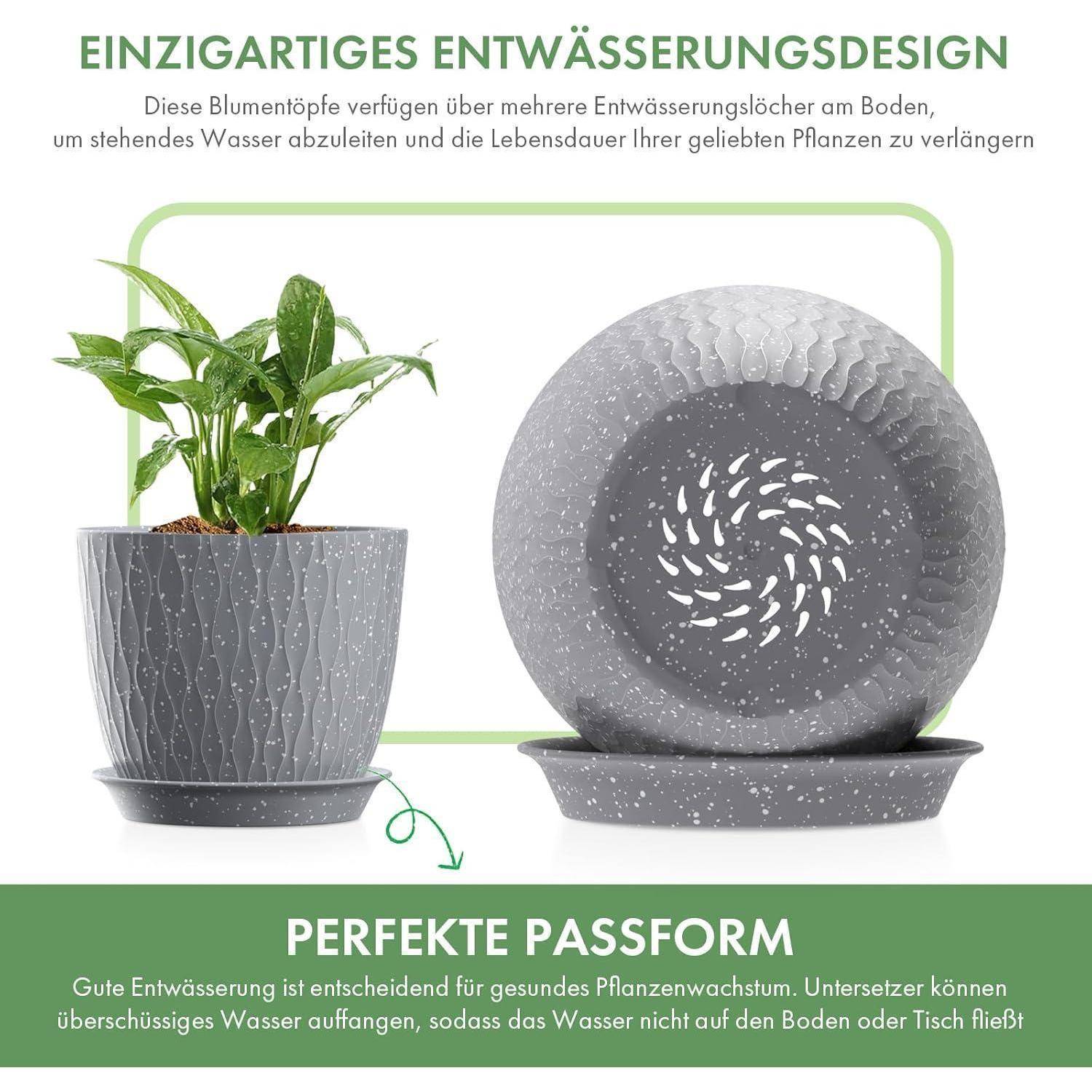 Ein grauer Topf mit Drainagelöchern und einer passenden Untertasse, entwickelt, um das Leben der Pflanze zu verlängern, indem Wasseransammlungen verhindert werden. Eine Pflanze befindet sich in diesem Topf.