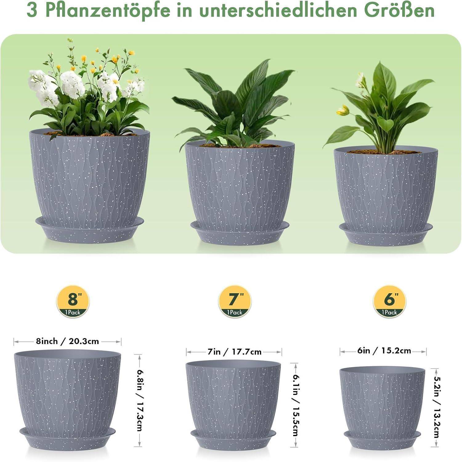 3 Pflanzentöpfe in unterschiedlichen Größen' zeigt drei graue Pflanzentöpfe in verschiedenen Größen mit Pflanzen, beschriftet mit 8