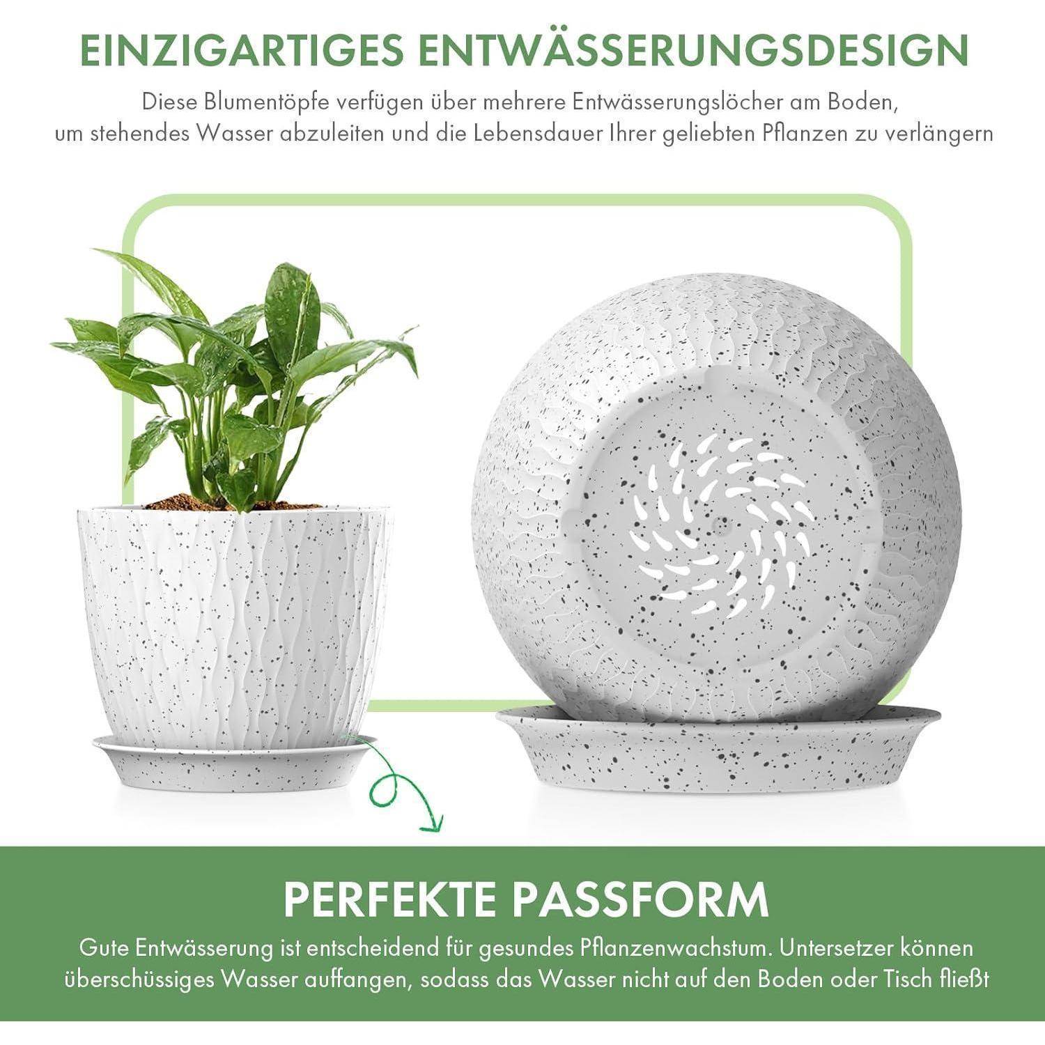 Ein einzigartiges Entwässerungsdesign in Blumentöpfen verlängert die Lebensdauer von Pflanzen, indem es Wasserstagnation verhindert. Enthält einen Unterteller zum Auffangen von Überschusswasser.