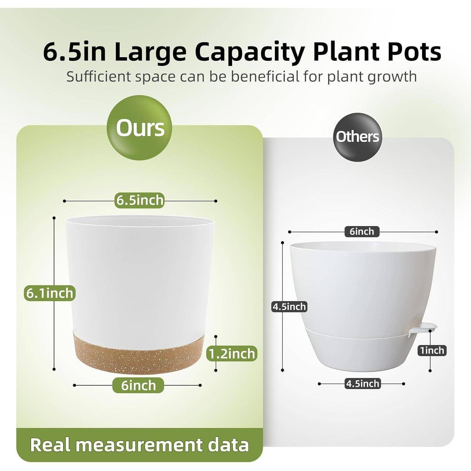 Vergleich zweier Blumentöpfe: Unserer ist rundum 6,5 Zoll mit echten Messdaten; Andere sind 6 Zoll breit und 4,5 Zoll hoch.
