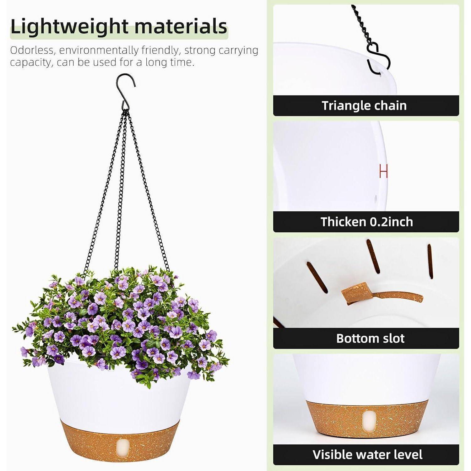 Hängender Blumentopf mit lila Blumen, ausgestattet mit einer Dreieckkette, Töpfen mit 0,2 Zoll Wandstärke, Bodenschlitz und sichtbarem Wasserstand. Text lautet: „Leichte Materialien.